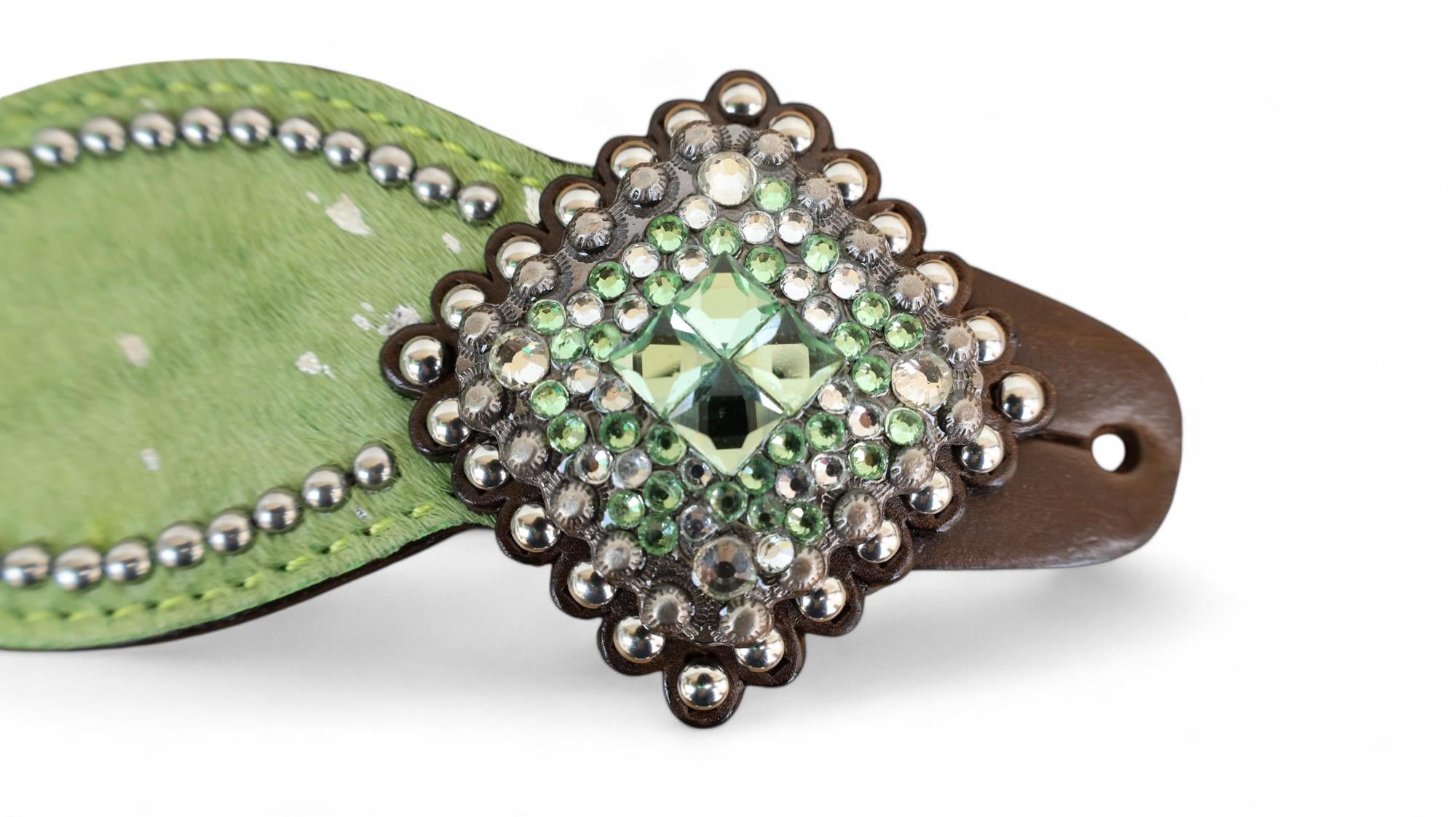 MOUSM Western Spur Straps – Argentina Cow Leather Ladies Spur Straps Decorated with Lime Green Metallic Acid Wash Cowhide, Rhinestone Conchos & Antique Nickel Hardware