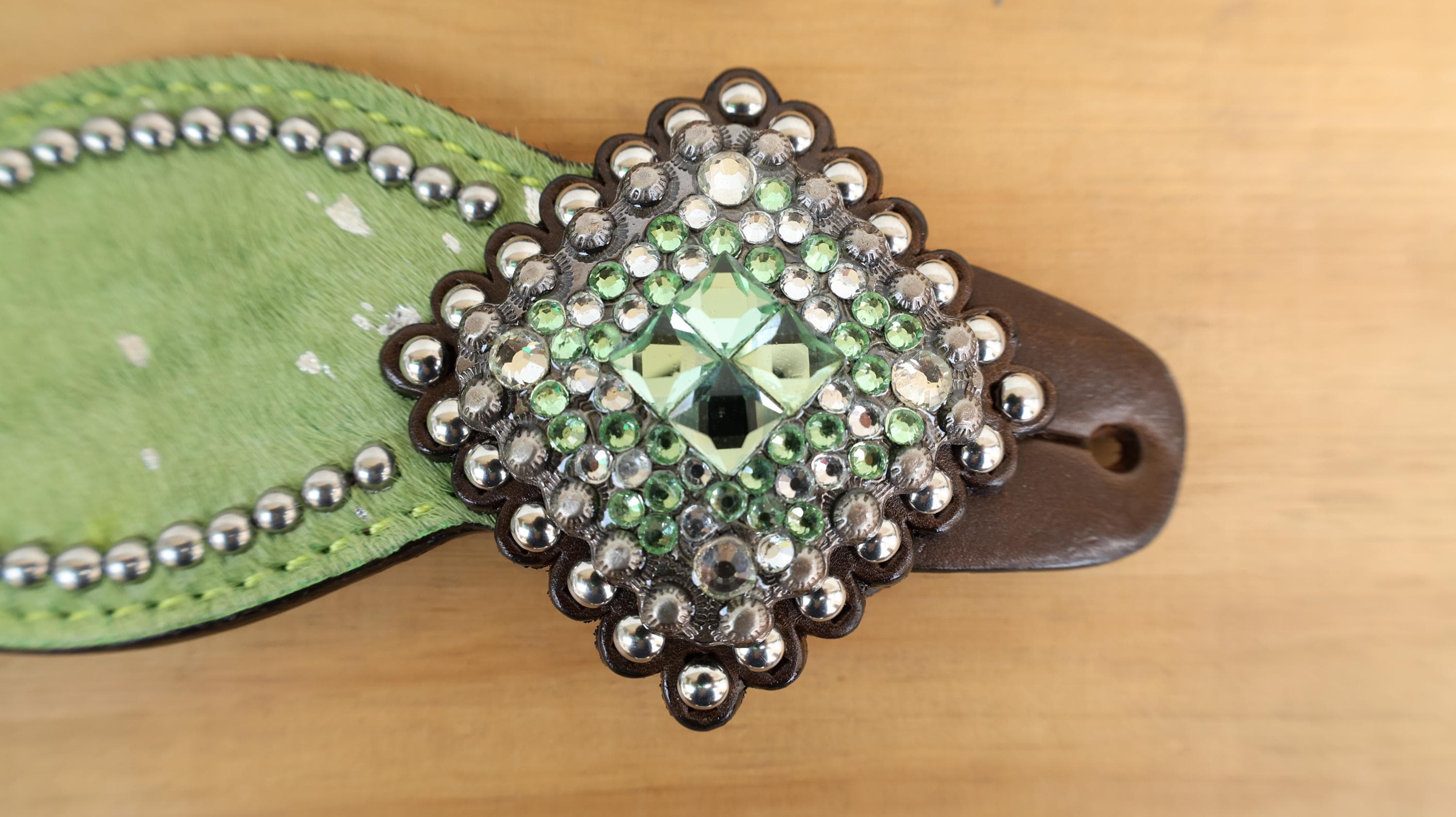 MOUSM Western Spur Straps – Argentina Cow Leather Ladies Spur Straps Decorated with Lime Green Metallic Acid Wash Cowhide, Rhinestone Conchos & Antique Nickel Hardware