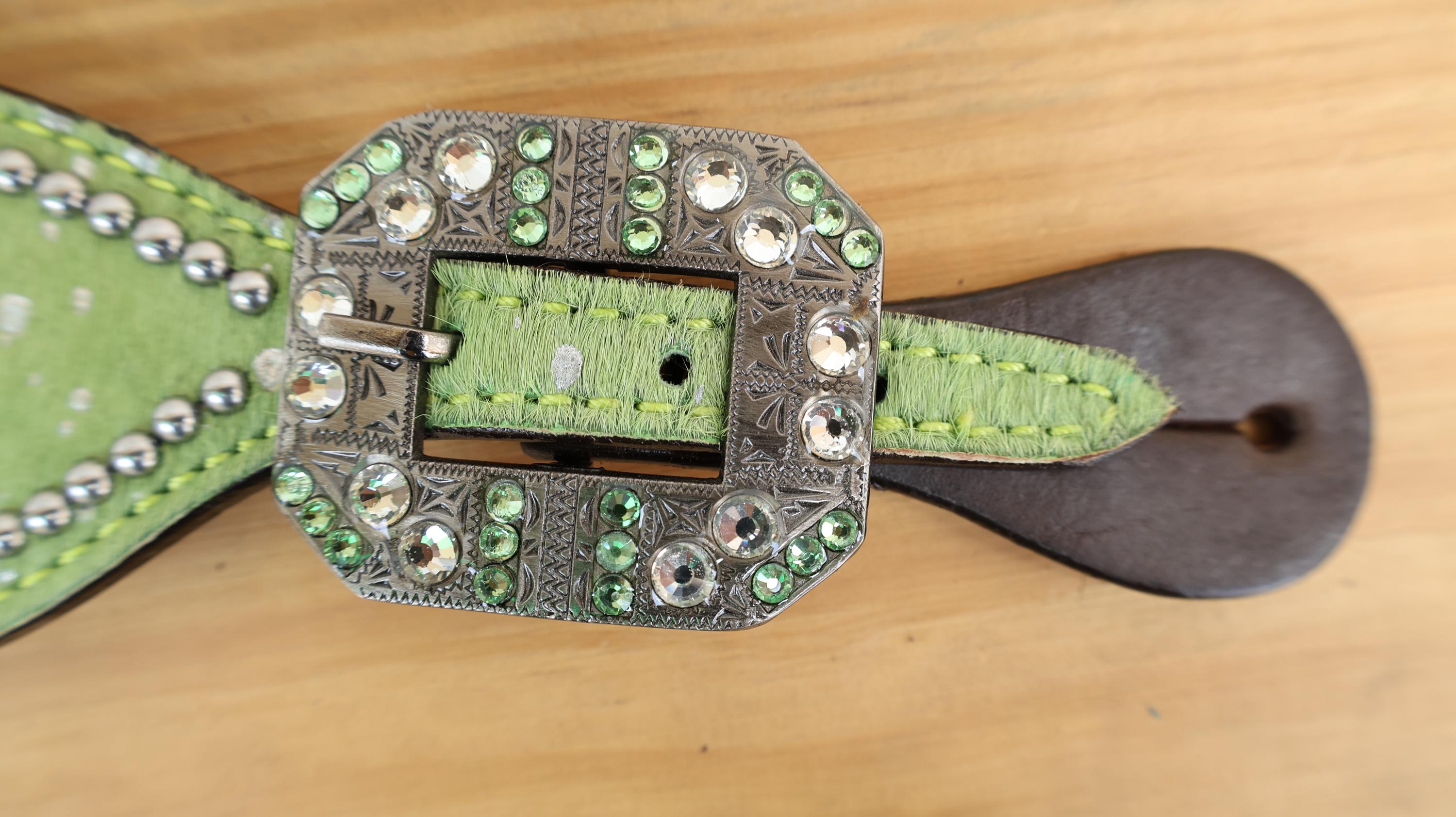 MOUSM Western Spur Straps – Argentina Cow Leather Ladies Spur Straps Decorated with Lime Green Metallic Acid Wash Cowhide, Rhinestone Conchos & Antique Nickel Hardware