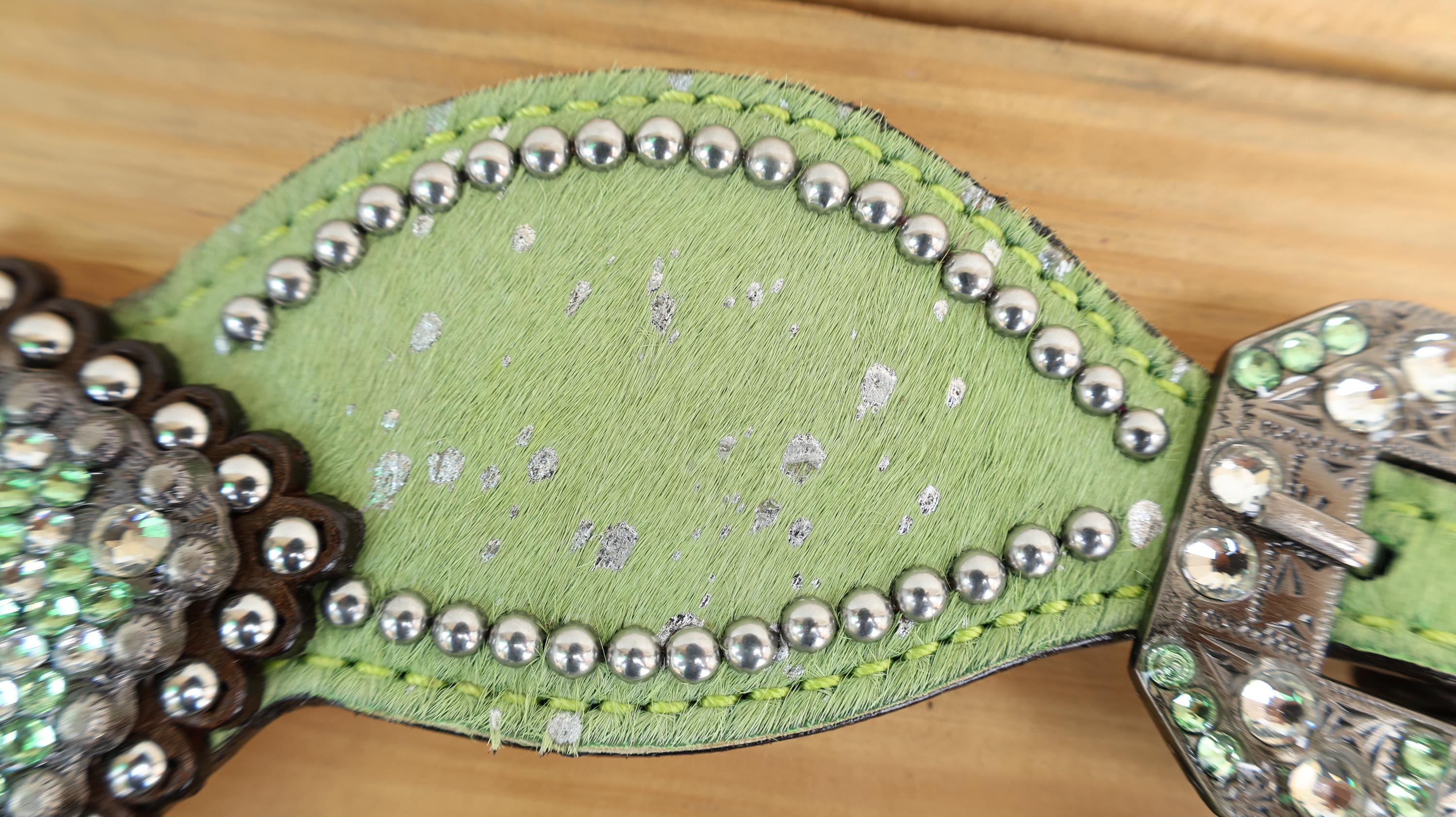 MOUSM Western Spur Straps – Argentina Cow Leather Ladies Spur Straps Decorated with Lime Green Metallic Acid Wash Cowhide, Rhinestone Conchos & Antique Nickel Hardware