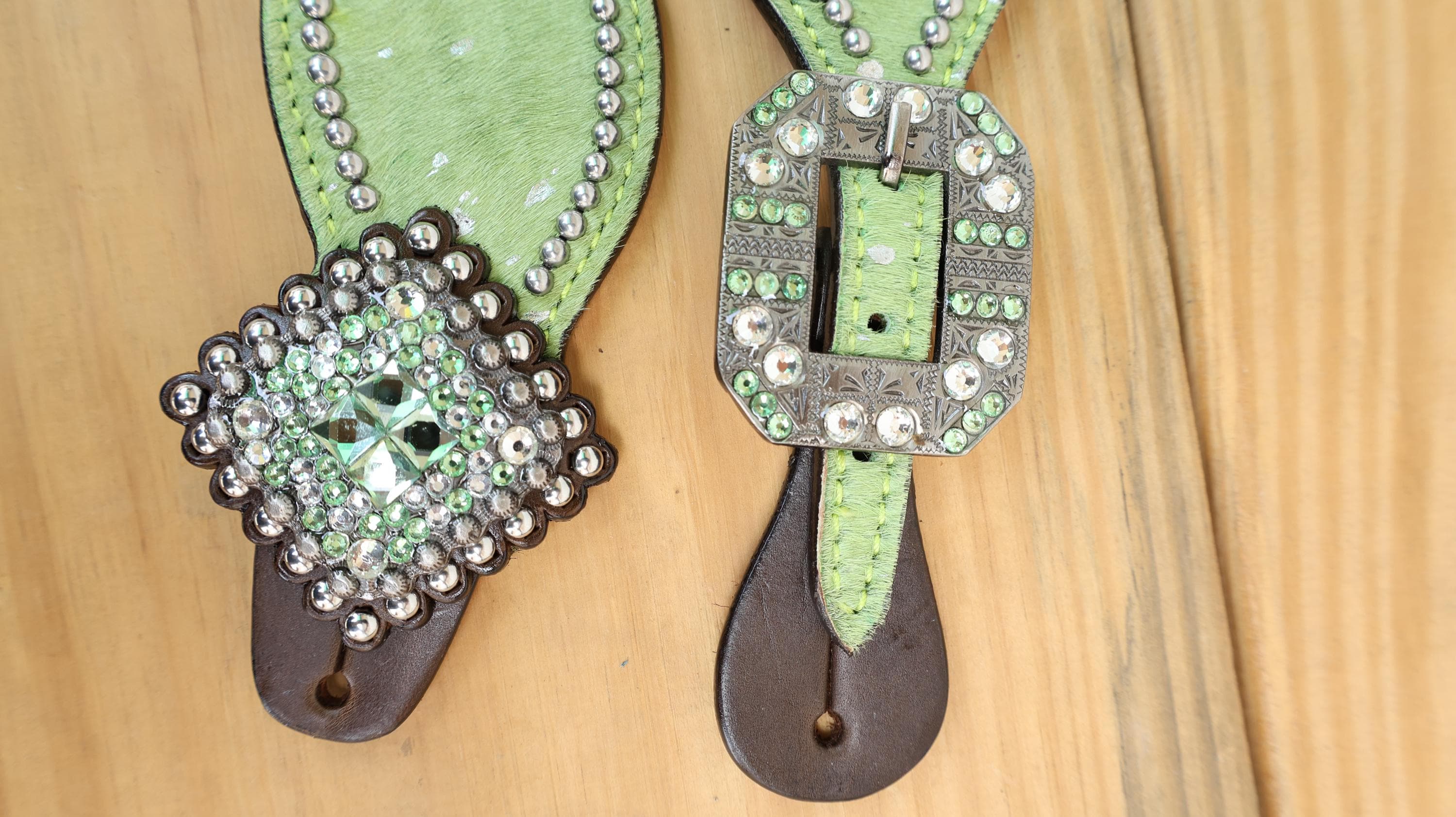 MOUSM Western Spur Straps – Argentina Cow Leather Ladies Spur Straps Decorated with Lime Green Metallic Acid Wash Cowhide, Rhinestone Conchos & Antique Nickel Hardware