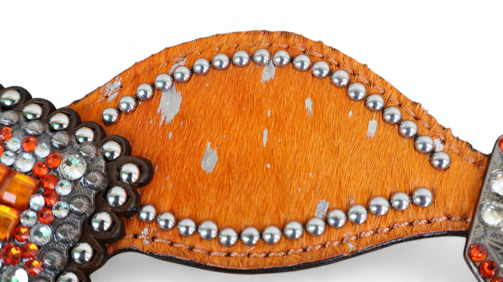 MOUSM Western Spur Straps – Argentina Cow Leather Ladies Spur Straps Decorated with Orange Metallic Acid Wash Cowhide, Rhinestone Conchos & Antique Nickel Hardware