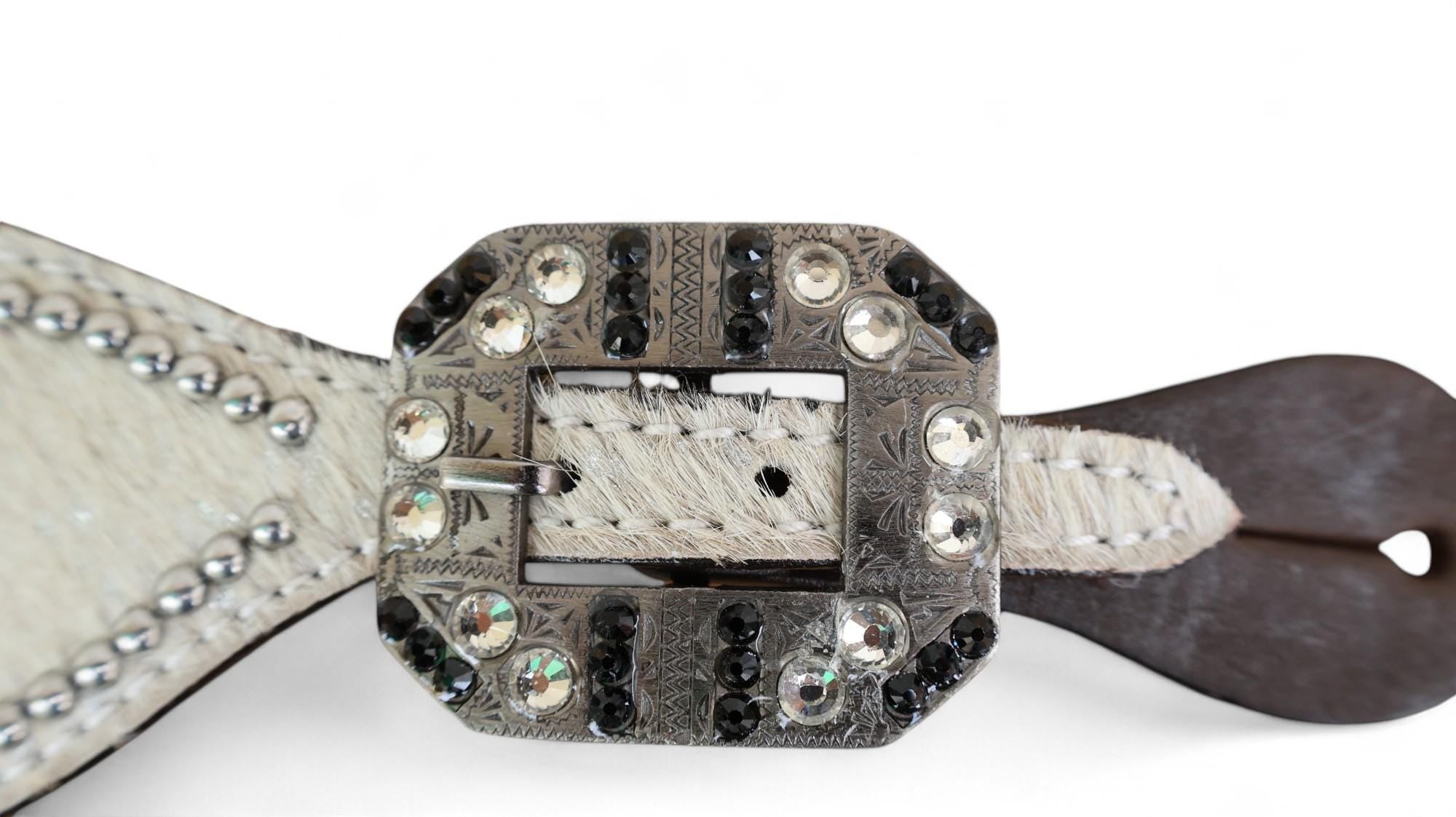 MOUSM Western Spur Straps – Argentina Cow Leather Ladies Spur Straps Decorated with Off-White Metallic Acid Wash Cowhide, Rhinestone Conchos & Antique Nickel Hardware