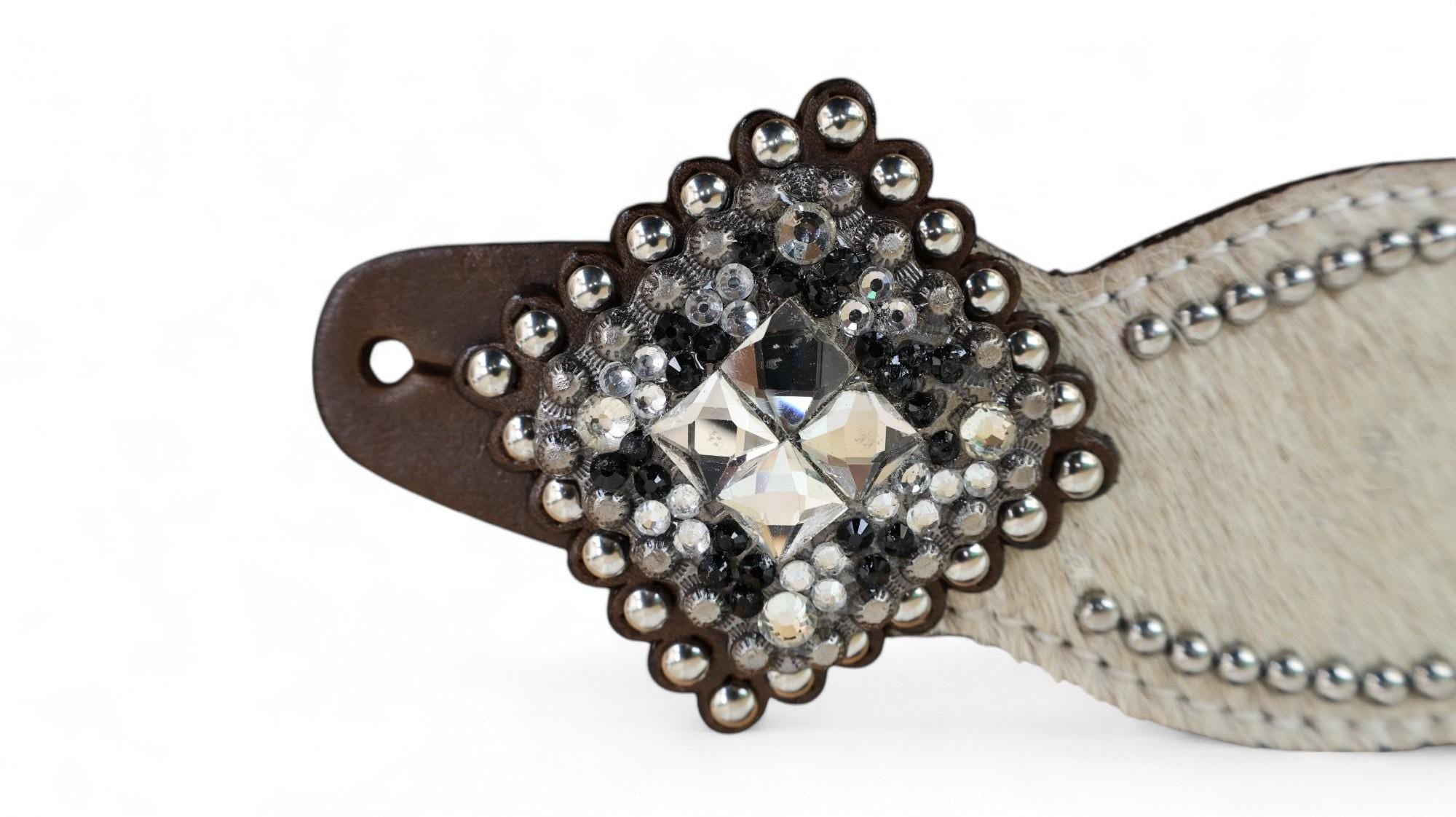 MOUSM Western Spur Straps – Argentina Cow Leather Ladies Spur Straps Decorated with Off-White Metallic Acid Wash Cowhide, Rhinestone Conchos & Antique Nickel Hardware