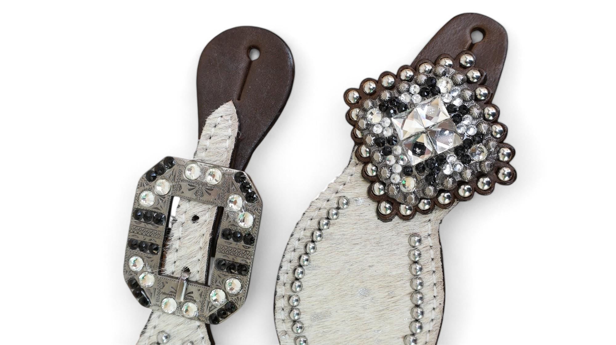 MOUSM Western Spur Straps – Argentina Cow Leather Ladies Spur Straps Decorated with Off-White Metallic Acid Wash Cowhide, Rhinestone Conchos & Antique Nickel Hardware