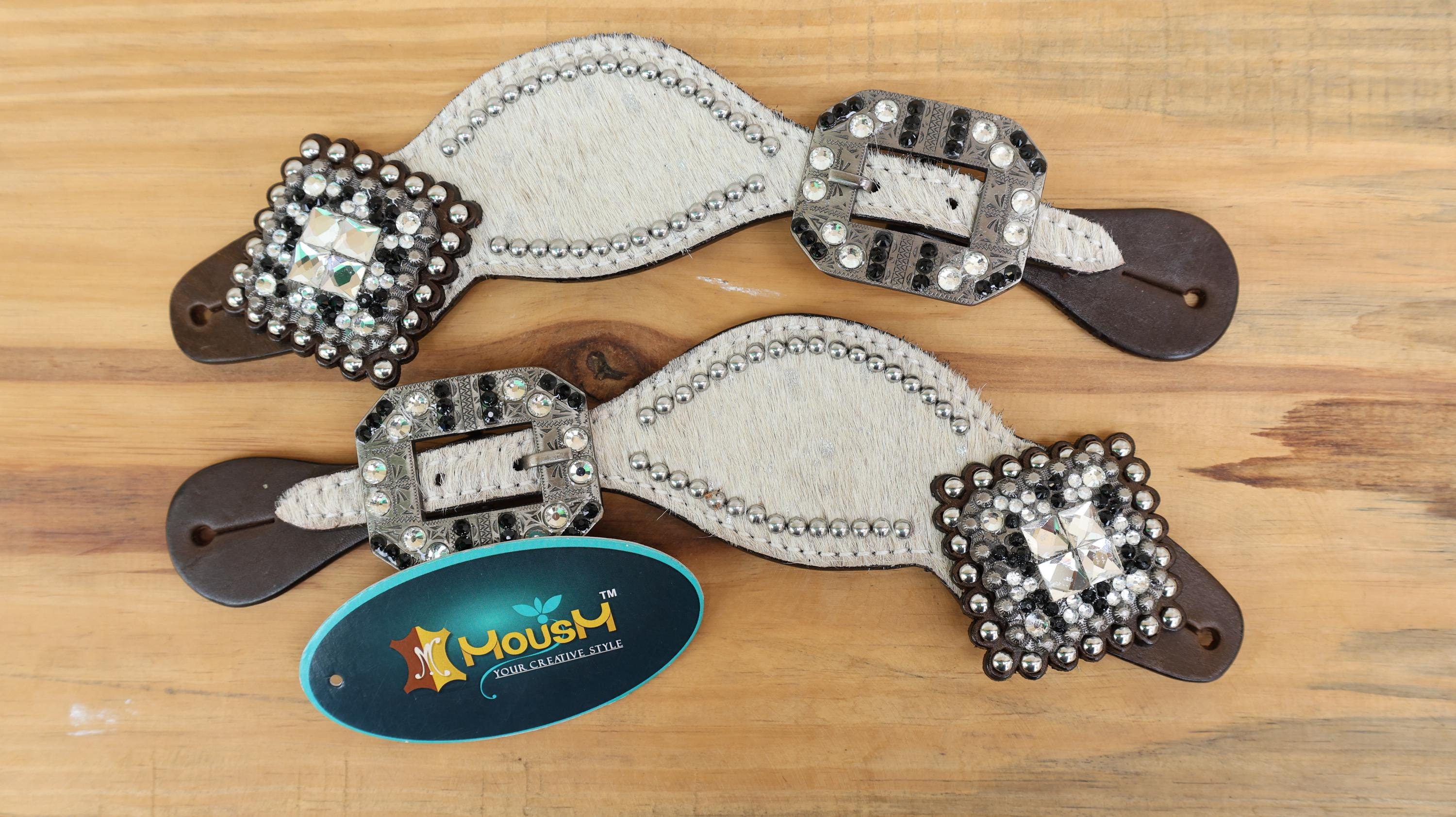 MOUSM Western Spur Straps – Argentina Cow Leather Ladies Spur Straps Decorated with Off-White Metallic Acid Wash Cowhide, Rhinestone Conchos & Antique Nickel Hardware