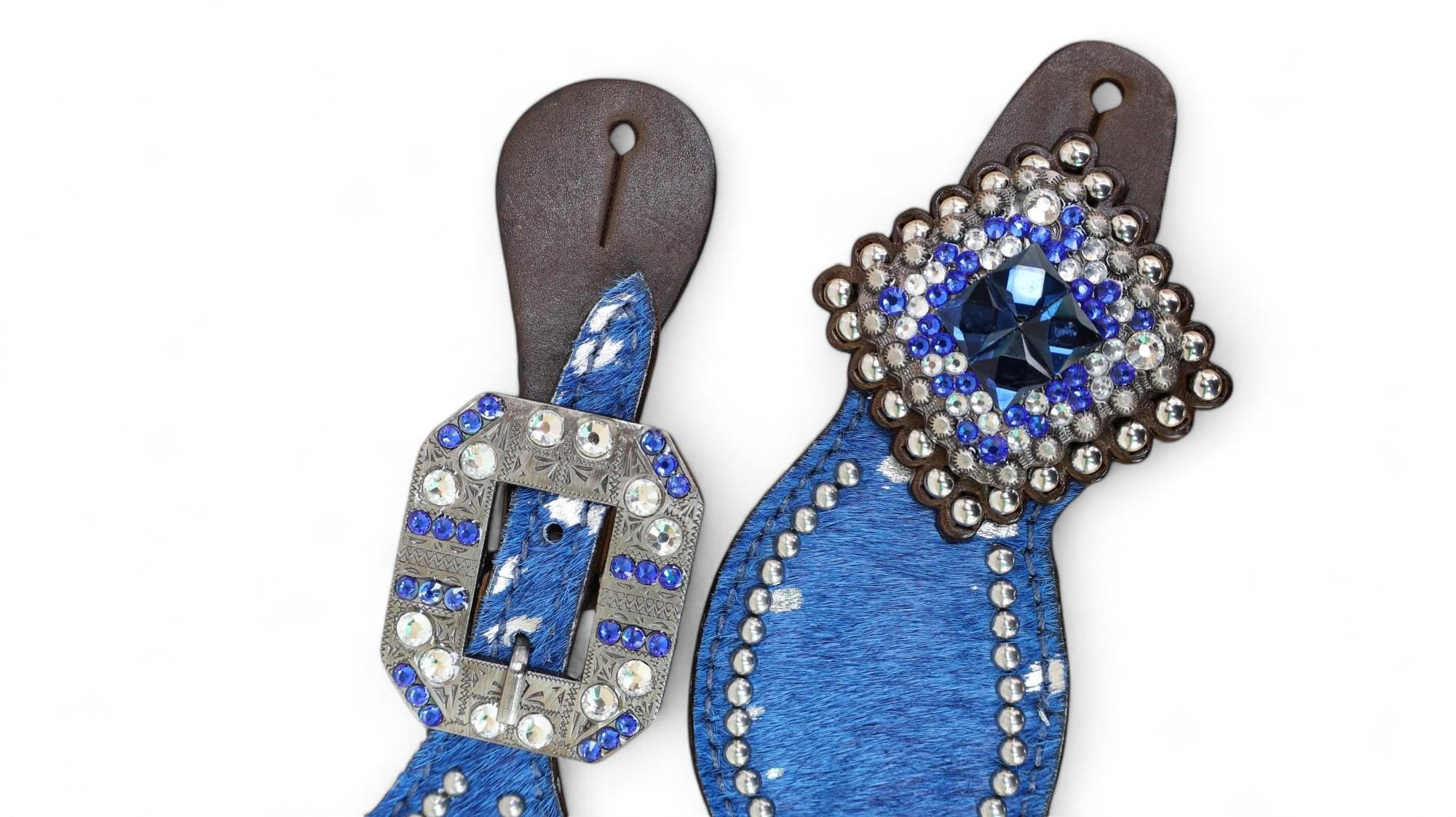 MOUSM Western Spur Straps – Argentina Cow Leather Ladies Spur Straps Decorated with Royal Blue Metallic Acid Wash Cowhide, Rhinestone Conchos & Antique Nickel Hardware