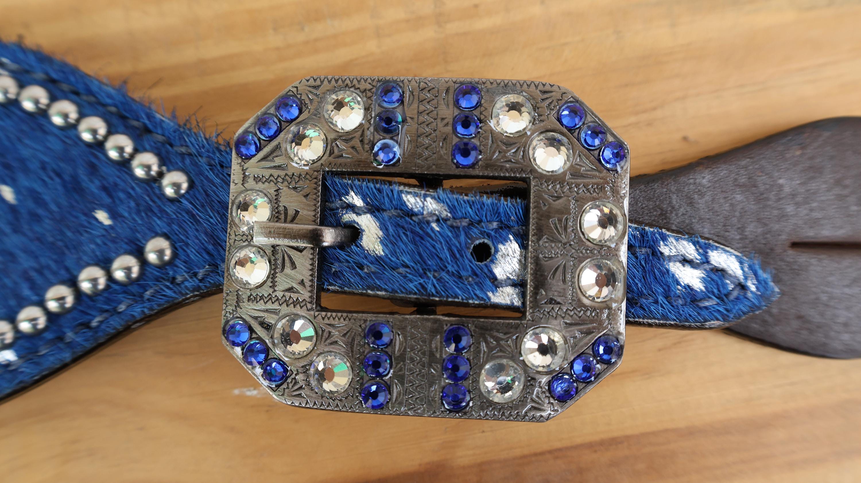 MOUSM Western Spur Straps – Argentina Cow Leather Ladies Spur Straps Decorated with Royal Blue Metallic Acid Wash Cowhide, Rhinestone Conchos & Antique Nickel Hardware