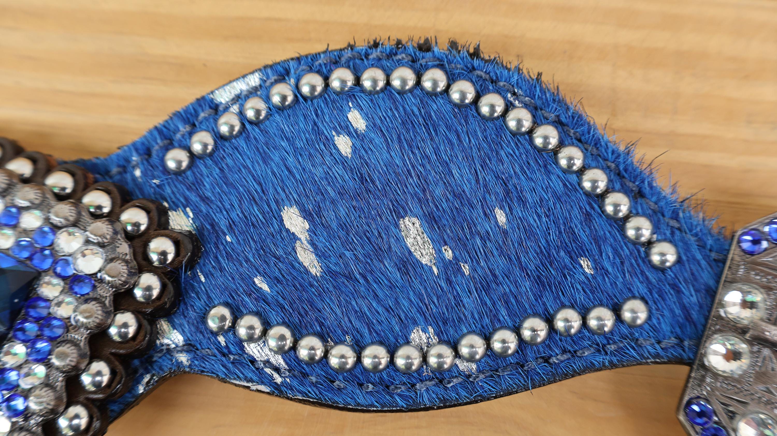 MOUSM Western Spur Straps – Argentina Cow Leather Ladies Spur Straps Decorated with Royal Blue Metallic Acid Wash Cowhide, Rhinestone Conchos & Antique Nickel Hardware