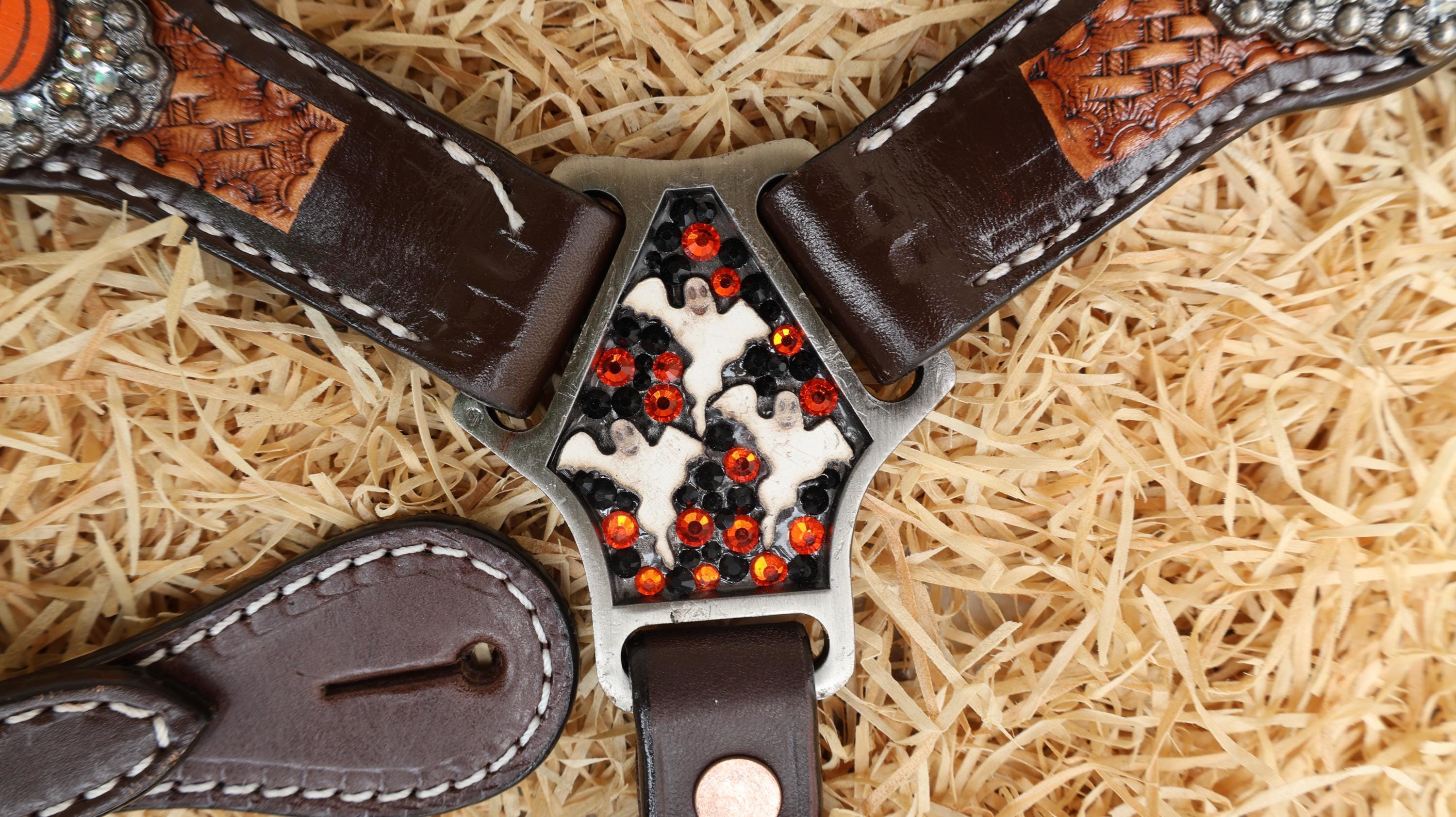 MOUSM Spooky Western Leather Horse Tack Collection – Headstall & Breast Collar Set Decorated with Hand-Painted Cowboy Ghost, Basket Tooling & Pumpkin Rhinestone Conchos