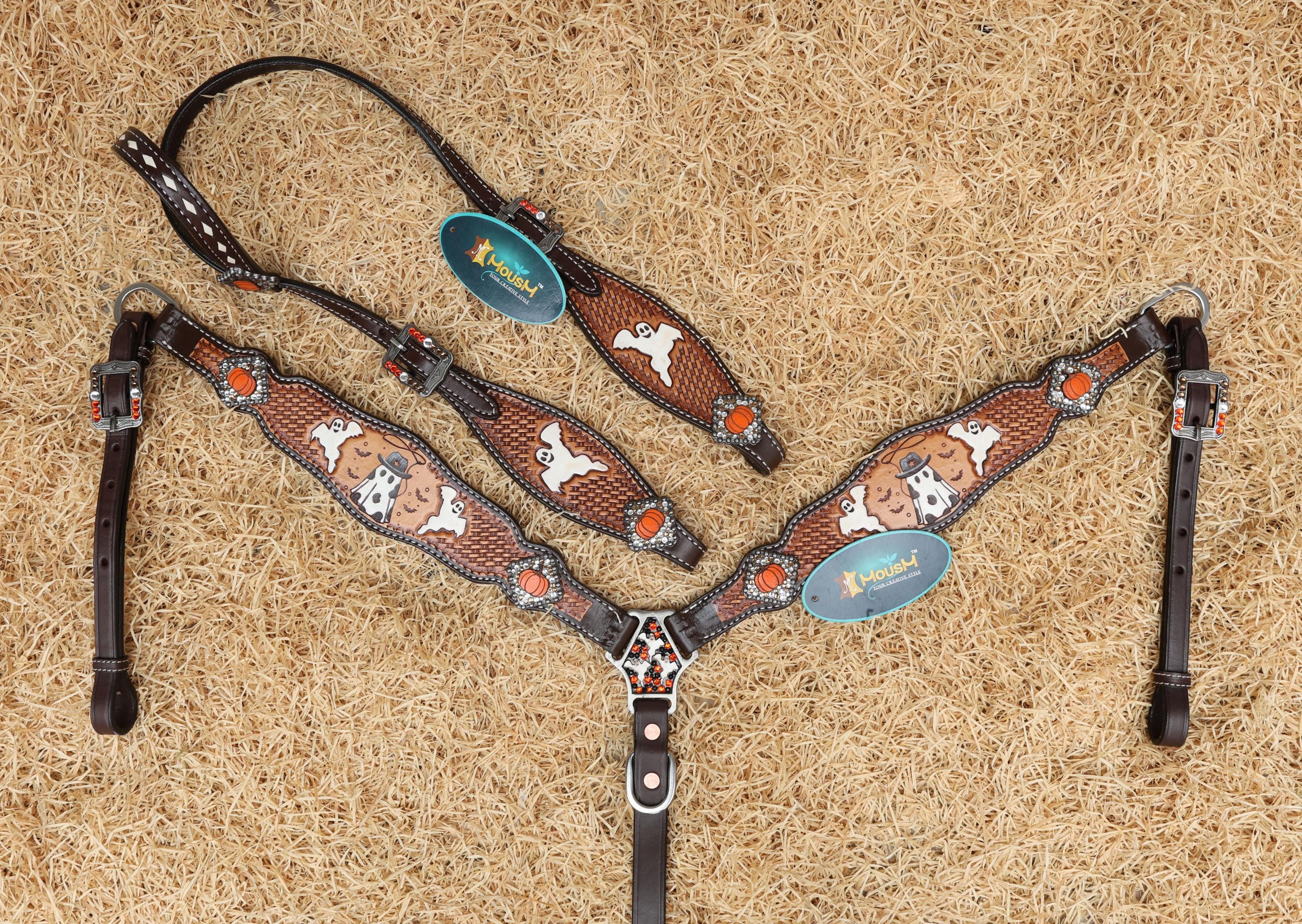 MOUSM Spooky Western Leather Horse Tack Collection – Headstall & Breast Collar Set Decorated with Hand-Painted Cowboy Ghost, Basket Tooling & Pumpkin Rhinestone Conchos