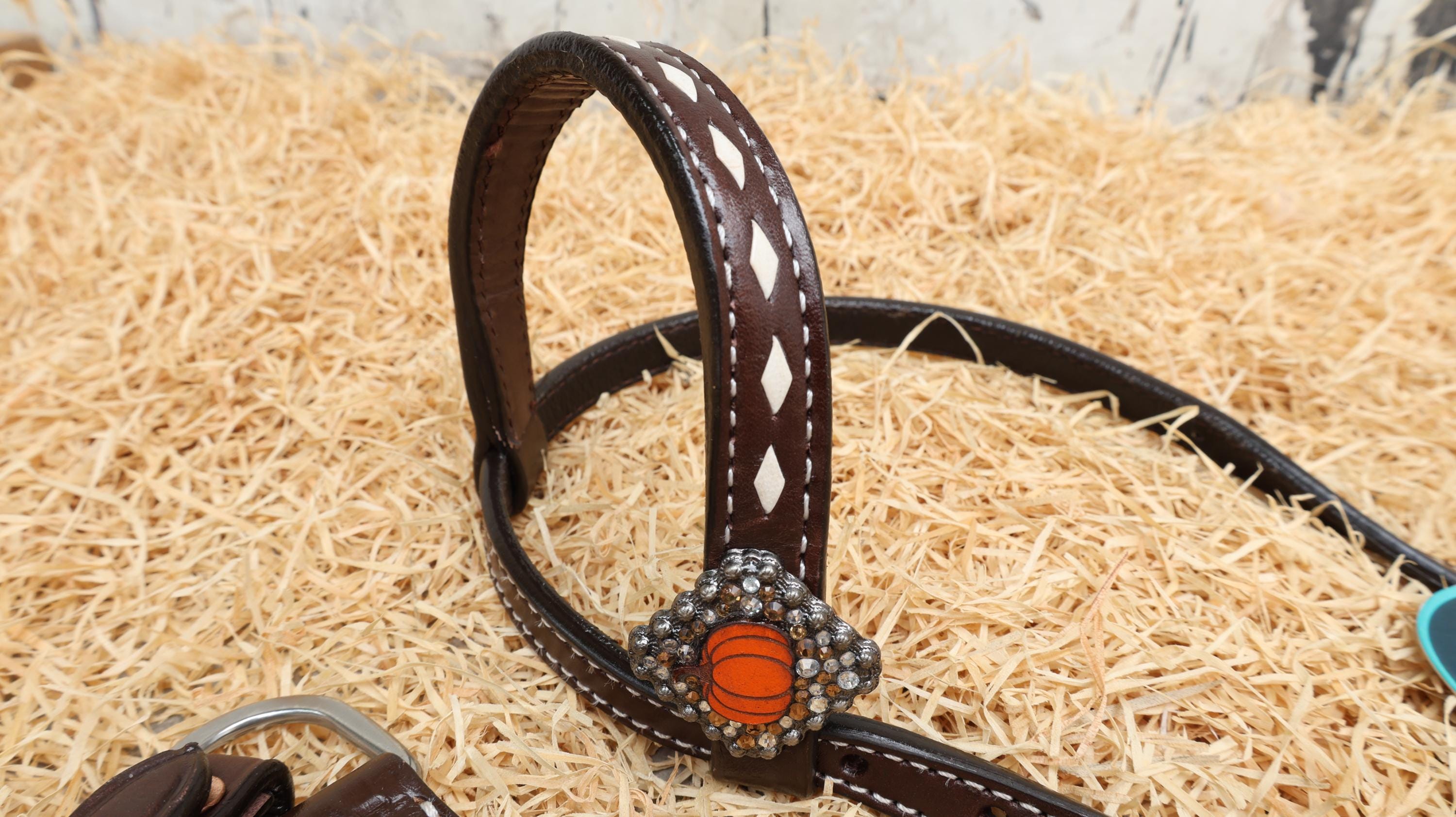 MOUSM Spooky Western Leather Horse Tack Collection – Headstall & Breast Collar Set Decorated with Hand-Painted Cowboy Ghost, Basket Tooling & Pumpkin Rhinestone Conchos