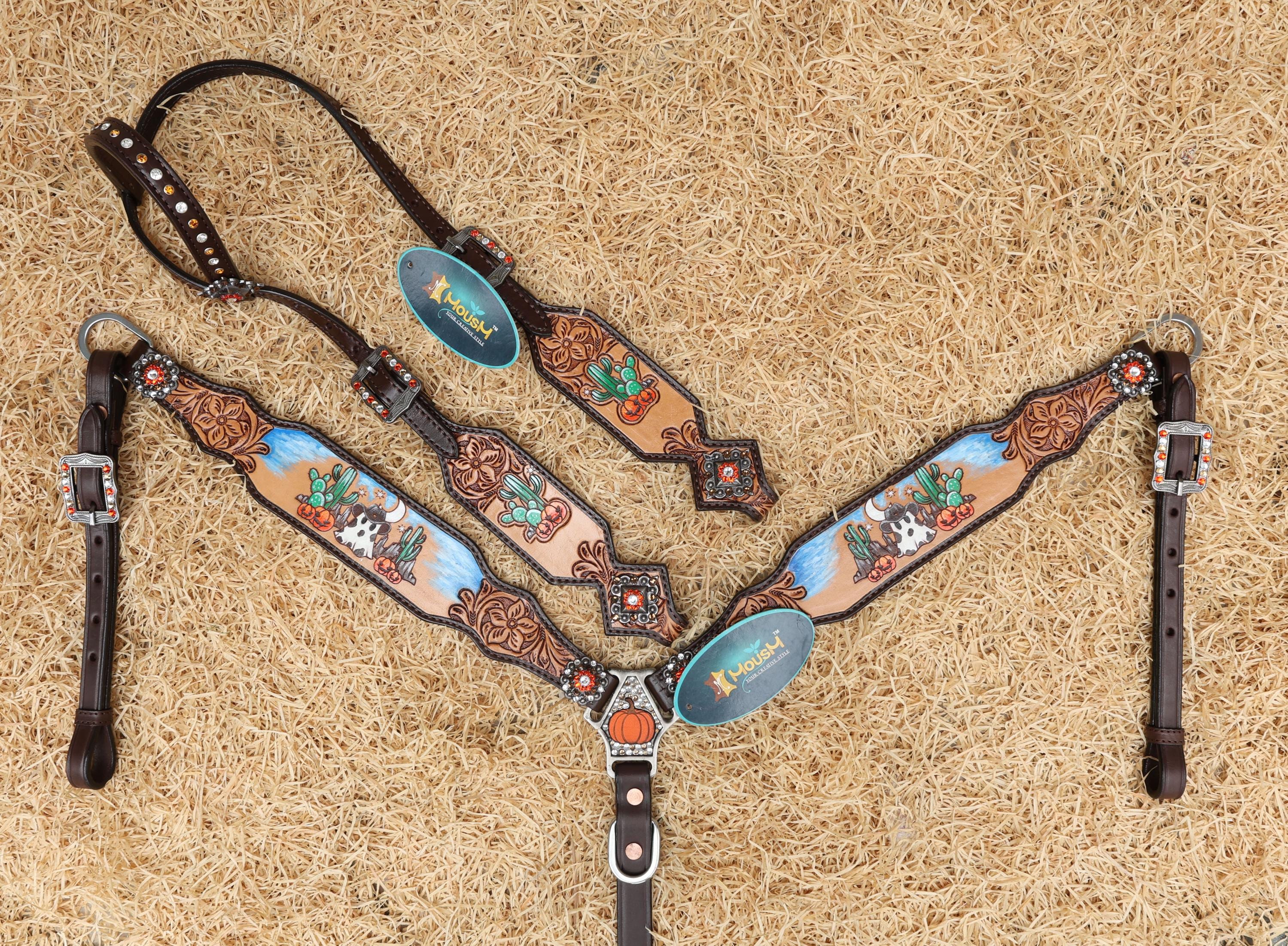 MOUSM Spooky Western Leather Horse Tack Set – Headstall & Breast Collar Decorated with Cowboy Ghost, Cactus, and Halloween Pumpkin Hand-Painted and Hand Flower Carving with Antique Finish