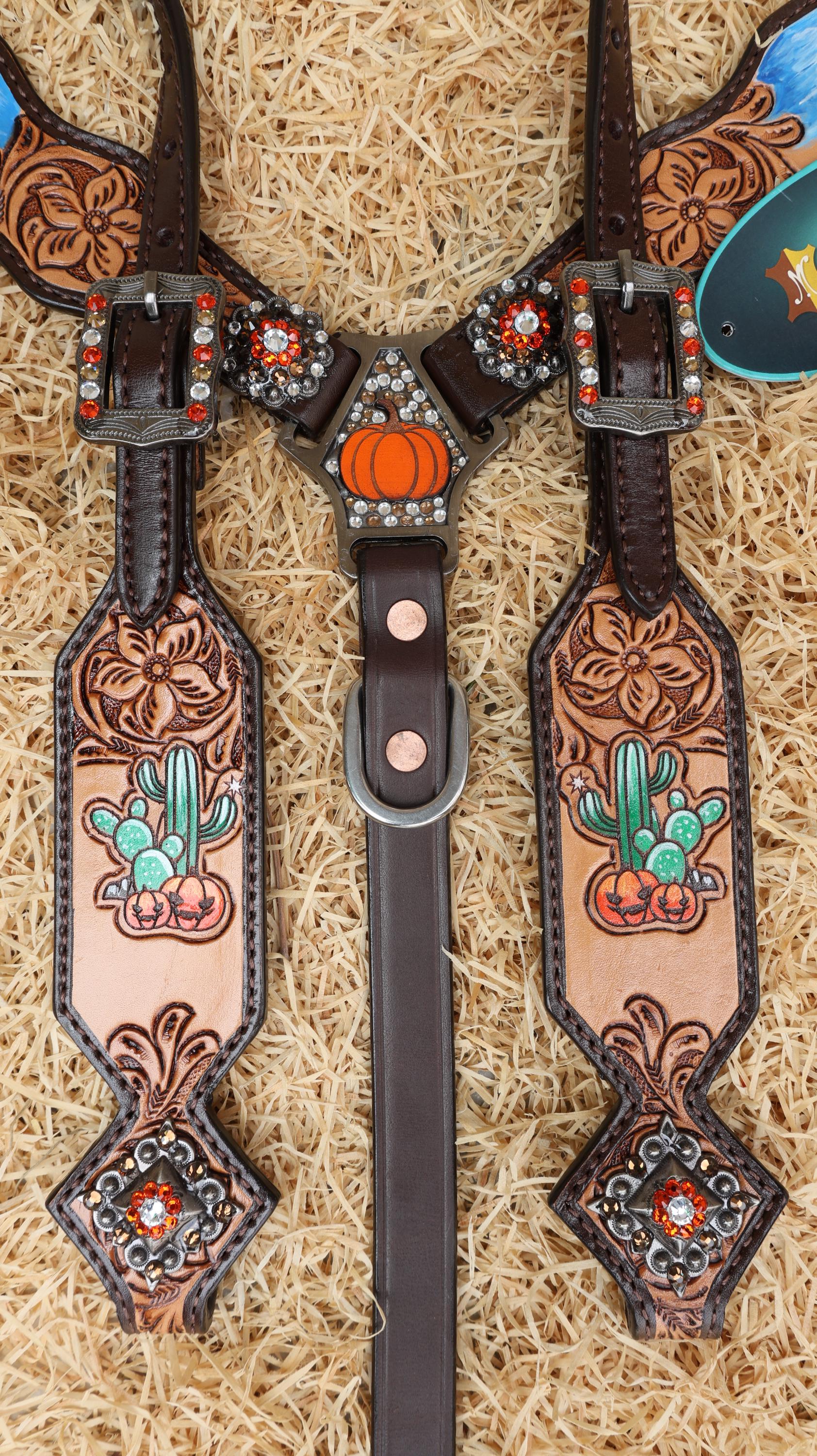 MOUSM Spooky Western Leather Horse Tack Set – Headstall & Breast Collar Decorated with Cowboy Ghost, Cactus, and Halloween Pumpkin Hand-Painted and Hand Flower Carving with Antique Finish