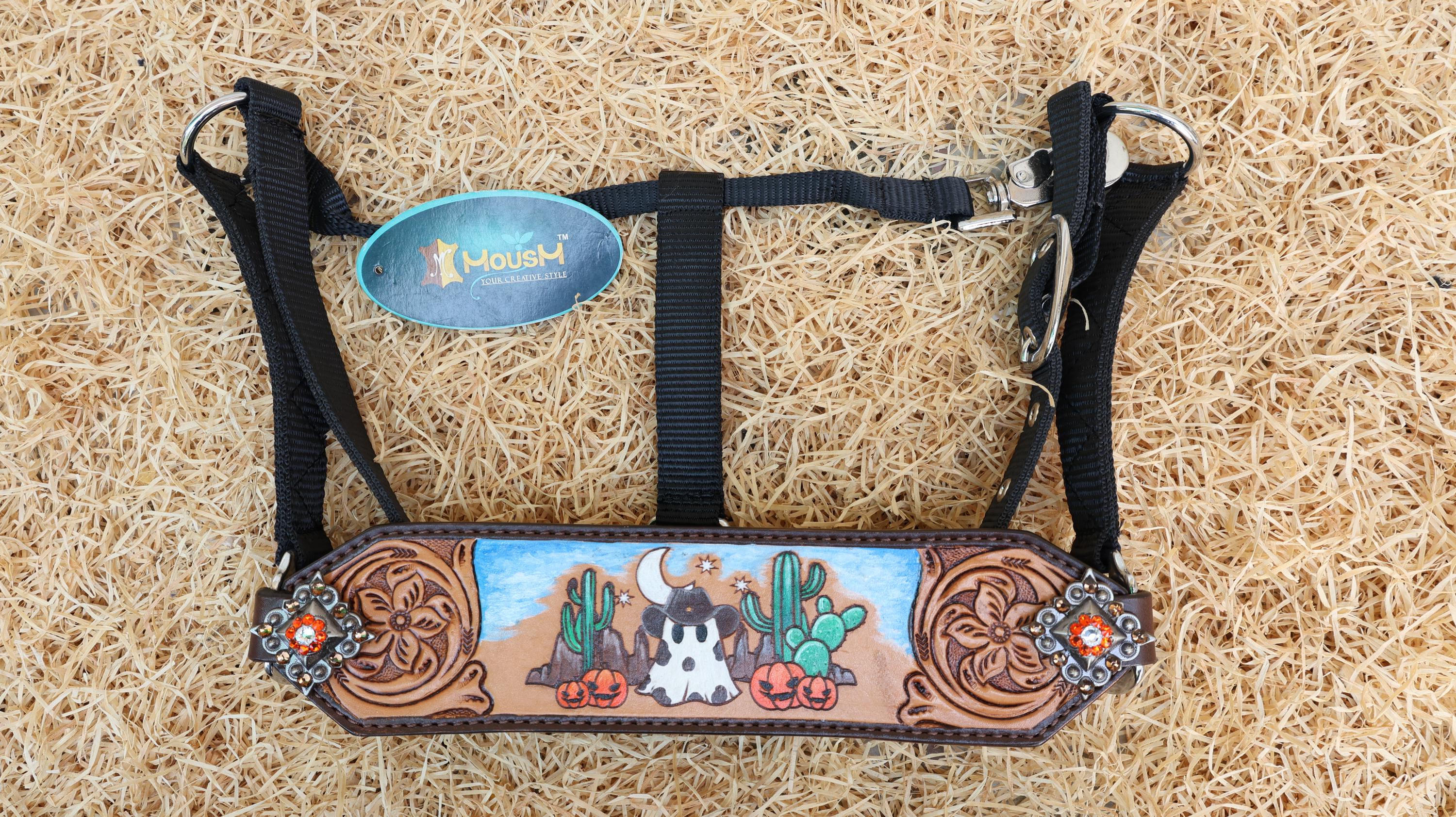 MOUSM Spooky Western Leather Horse Tack Set – Headstall & Breast Collar Decorated with Cowboy Ghost, Cactus, and Halloween Pumpkin Hand-Painted and Hand Flower Carving with Antique Finish
