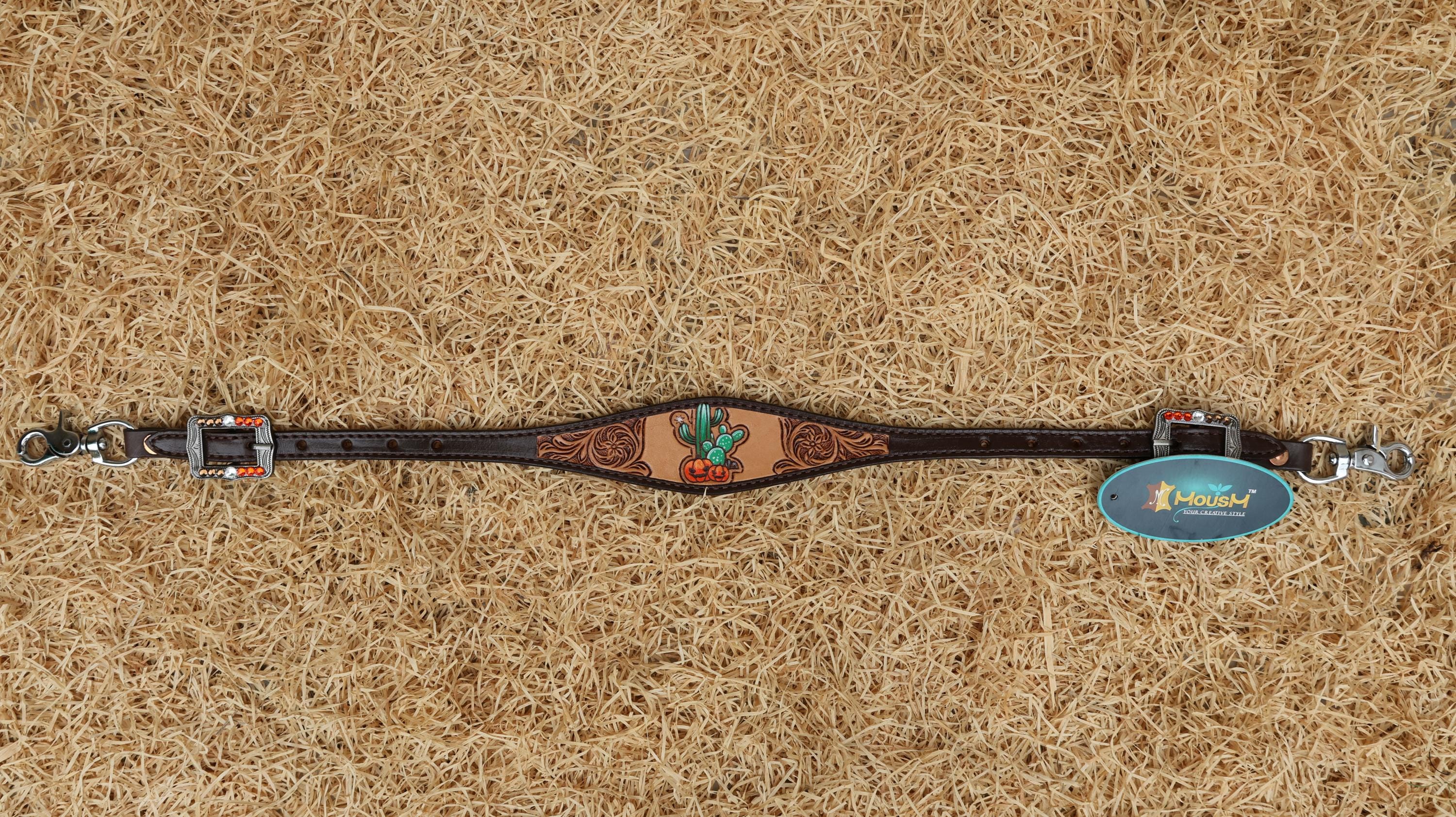 MOUSM Spooky Western Leather Horse Tack Set – Headstall & Breast Collar Decorated with Cowboy Ghost, Cactus, and Halloween Pumpkin Hand-Painted and Hand Flower Carving with Antique Finish