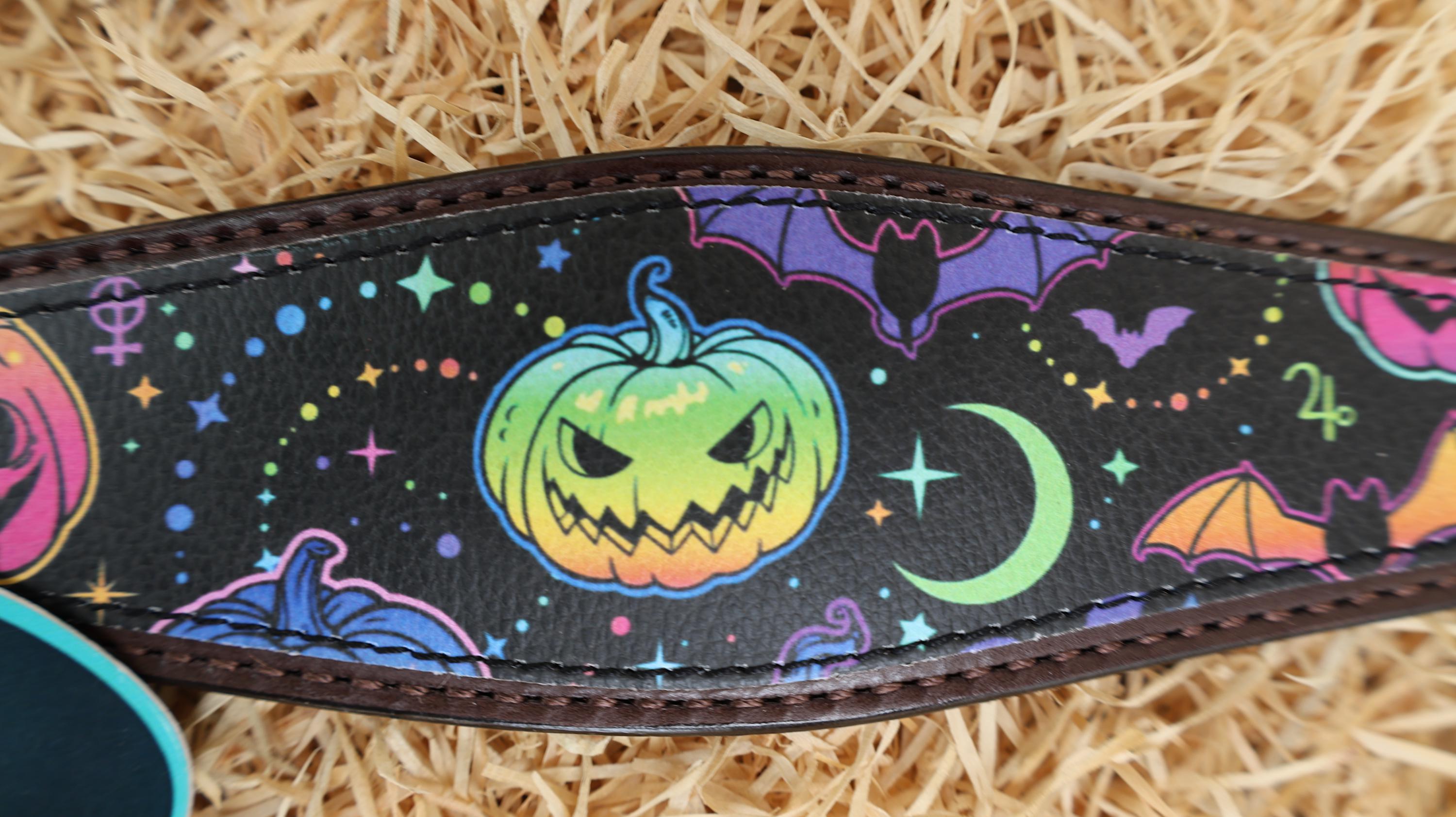 MOUSM Spooky Halloween Western Headstall & Breast Collar Set – Made from Argentina Cow Leather Decorated with Fluorescent Pumpkin & Bat Print with Rhinestone Conchos