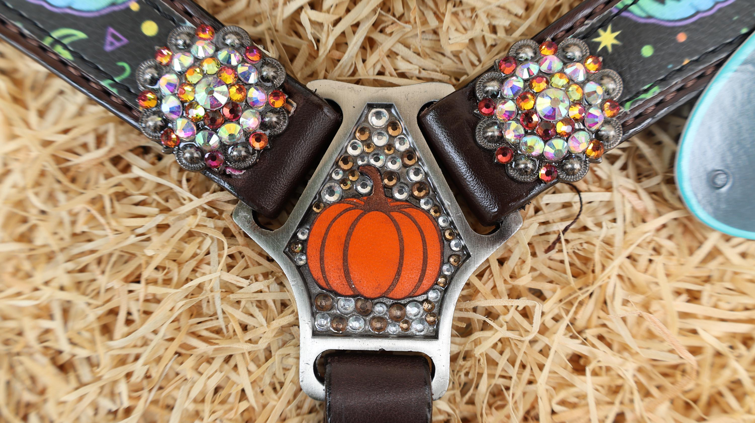 MOUSM Spooky Halloween Western Headstall & Breast Collar Set – Made from Argentina Cow Leather Decorated with Fluorescent Pumpkin & Bat Print with Rhinestone Conchos