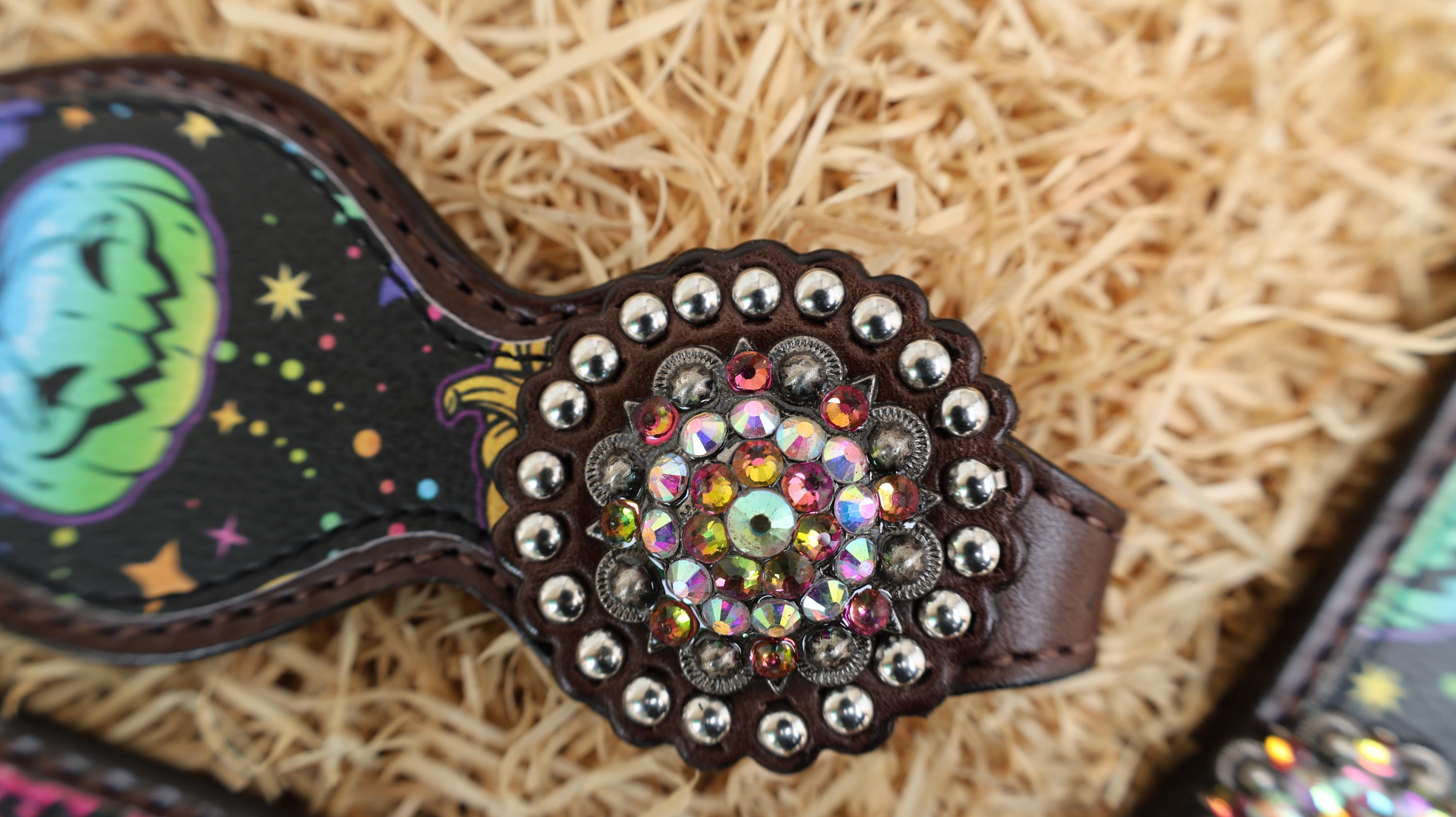 MOUSM Spooky Halloween Western Headstall & Breast Collar Set – Made from Argentina Cow Leather Decorated with Fluorescent Pumpkin & Bat Print with Rhinestone Conchos