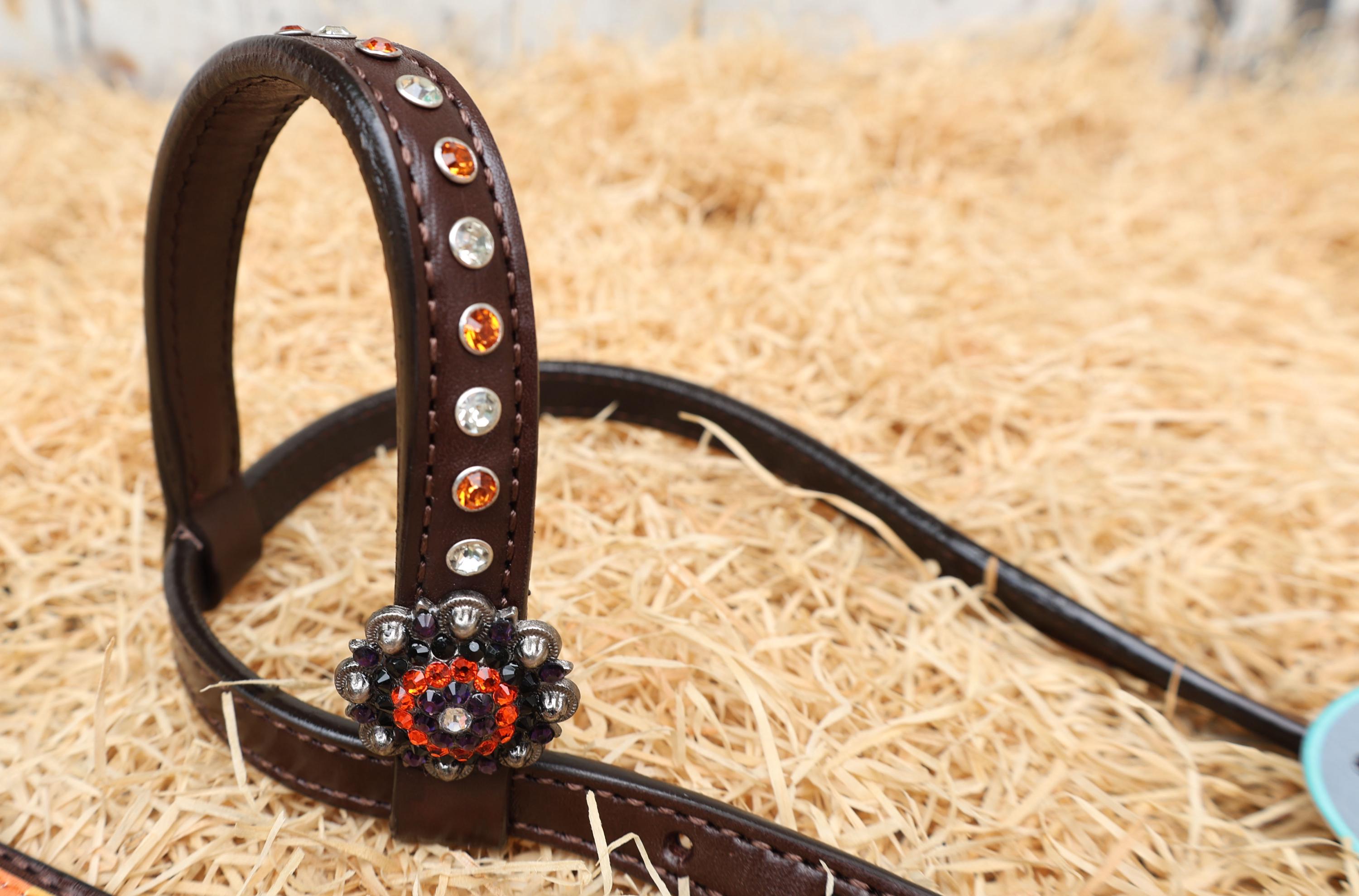 MOUSM Spooky Western Leather Horse Tack Set – Headstall & Breast Collar Decorated with Laughing Halloween Pumpkin & Purple-Orange Stripe Print Rhinestone Concho