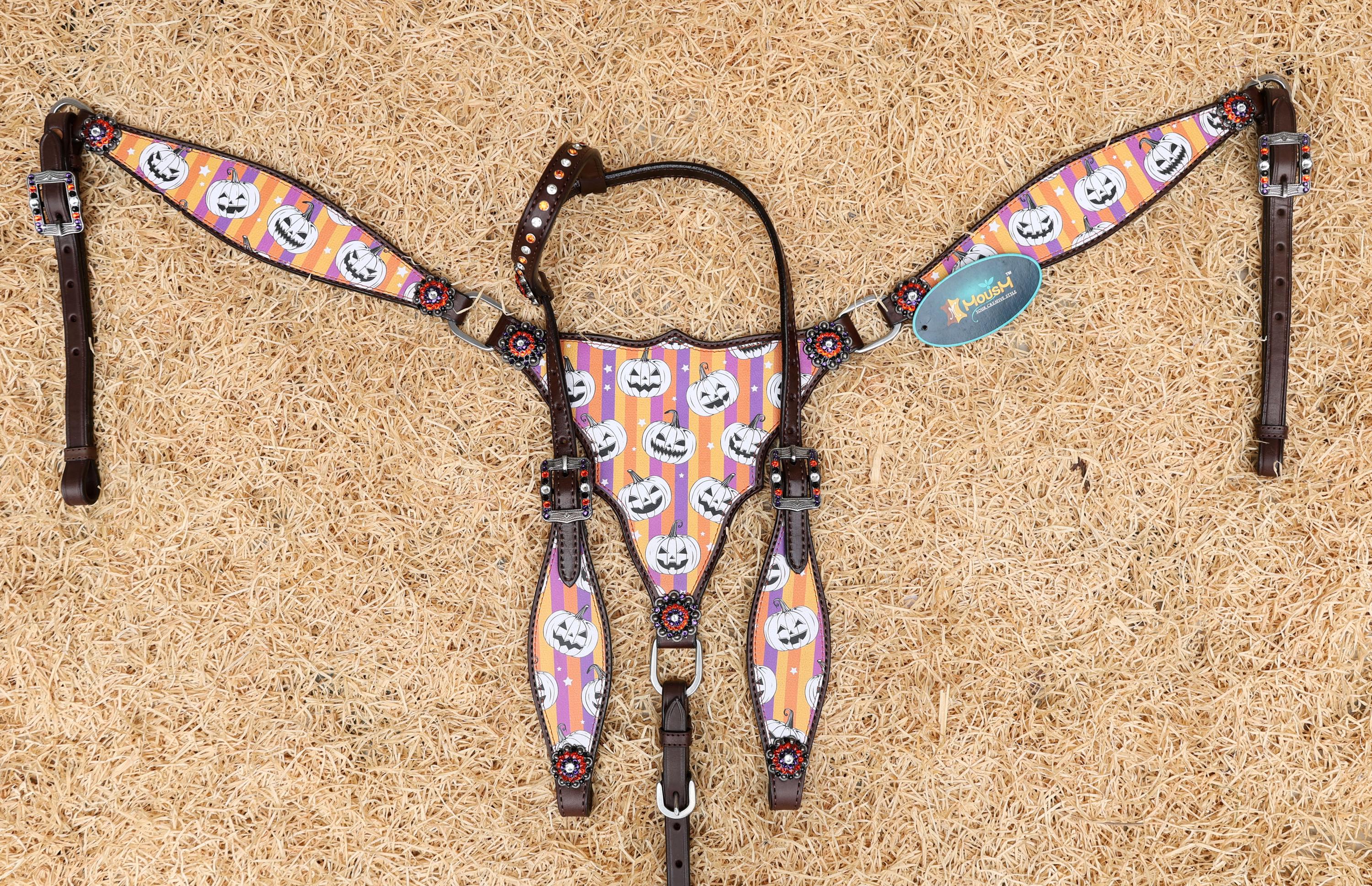 MOUSM Spooky Western Leather Horse Tack Set – Headstall & Breast Collar Decorated with Laughing Halloween Pumpkin & Purple-Orange Stripe Print Rhinestone Concho