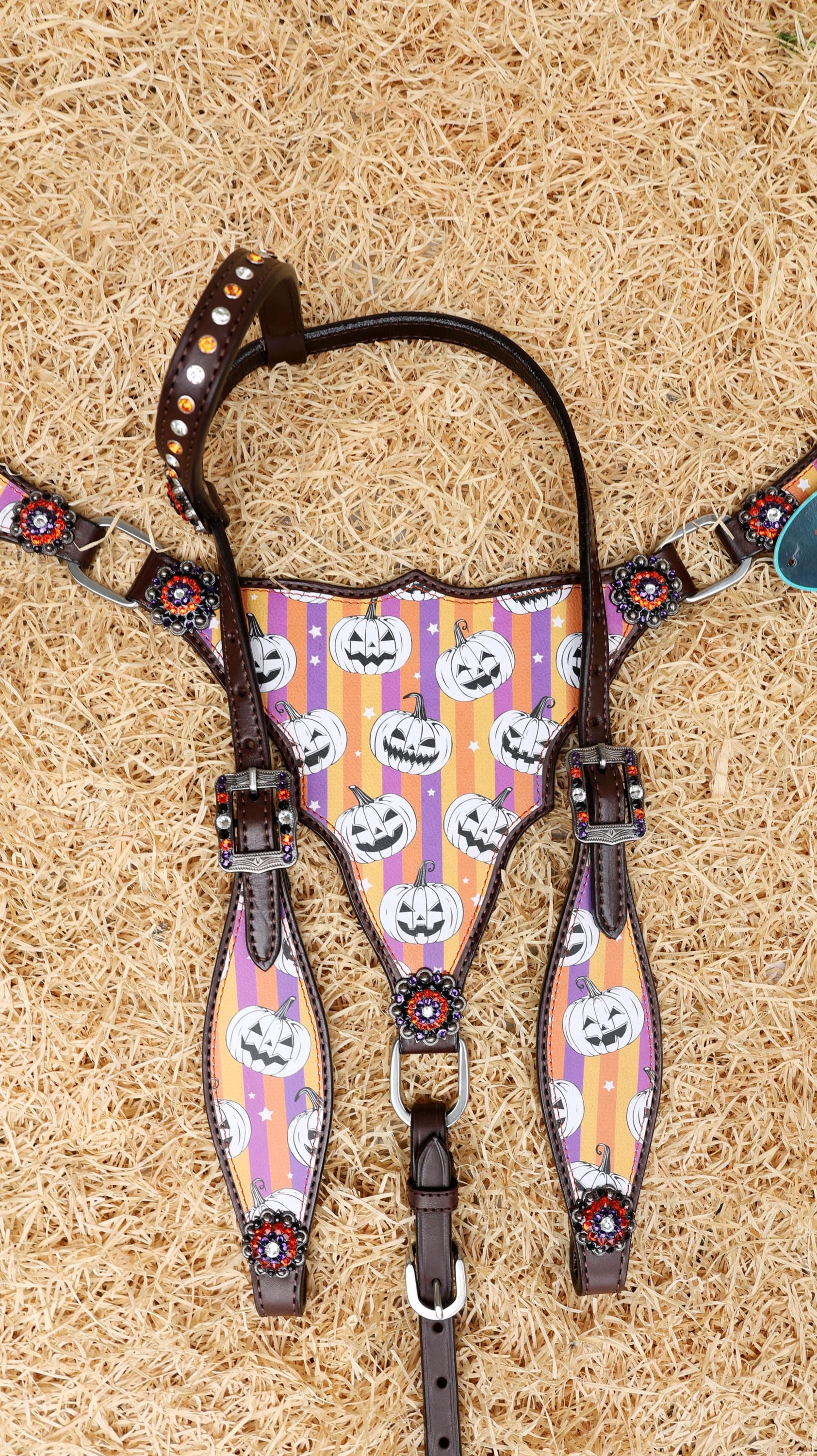 MOUSM Spooky Western Leather Horse Tack Set – Headstall & Breast Collar Decorated with Laughing Halloween Pumpkin & Purple-Orange Stripe Print Rhinestone Concho