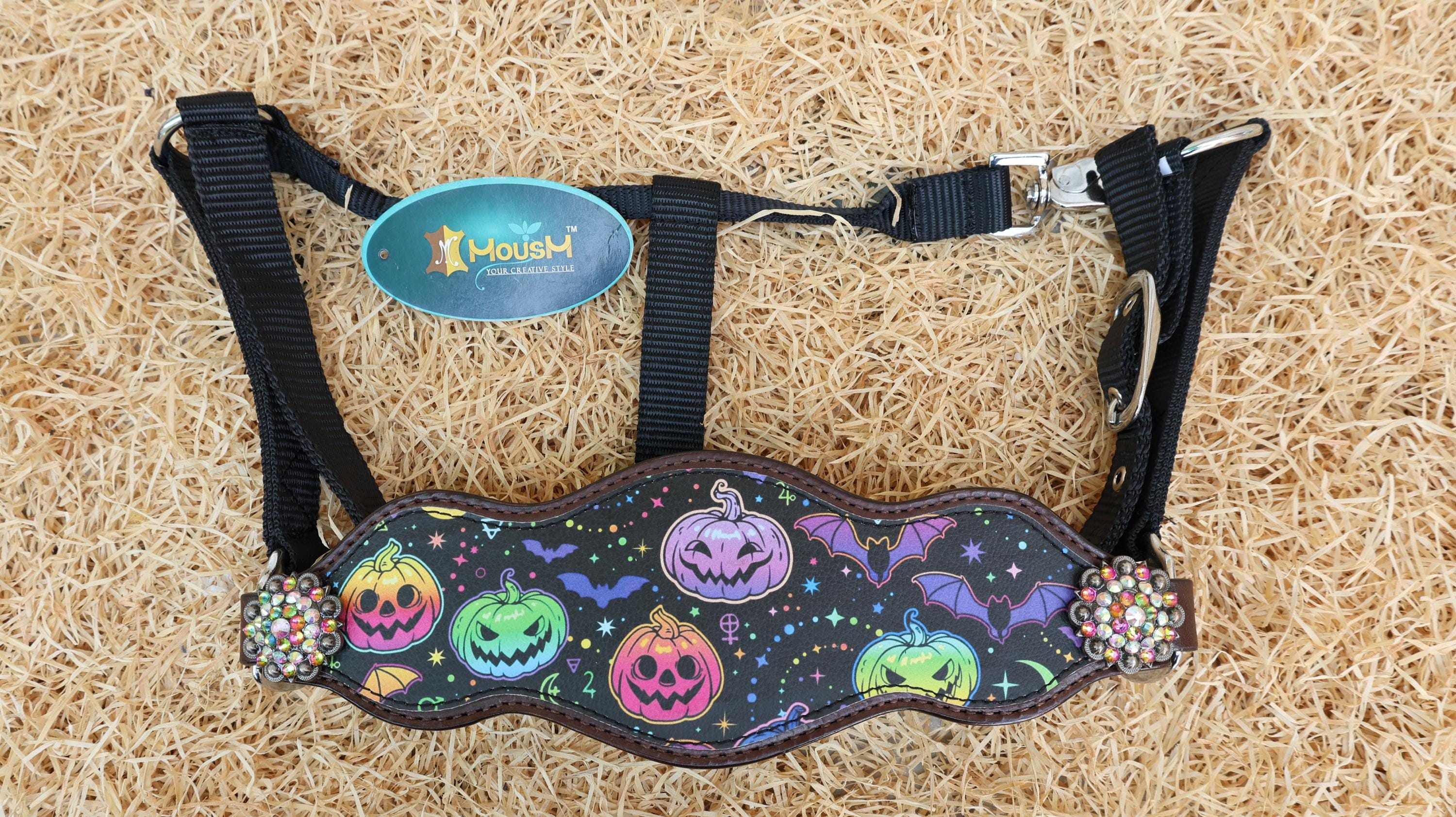 MOUSM SPOOKY Western Leather Horse Tack Set – Headstall & Breast Collar Decorated with Fluorescent Halloween Pumpkin & Bat Print Rhinestone Concho