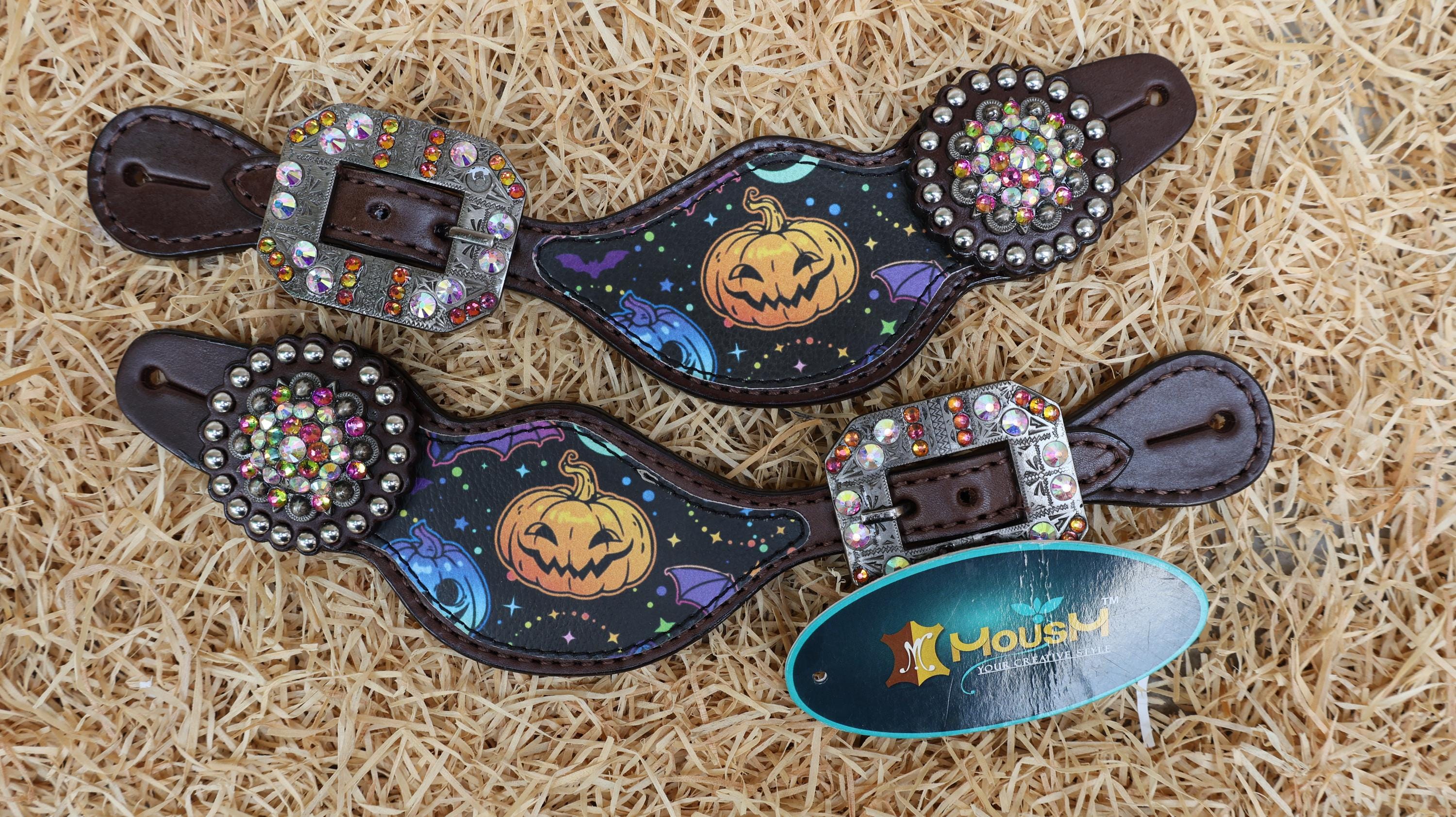 MOUSM SPOOKY Western Leather Horse Tack Set – Headstall & Breast Collar Decorated with Fluorescent Halloween Pumpkin & Bat Print Rhinestone Concho