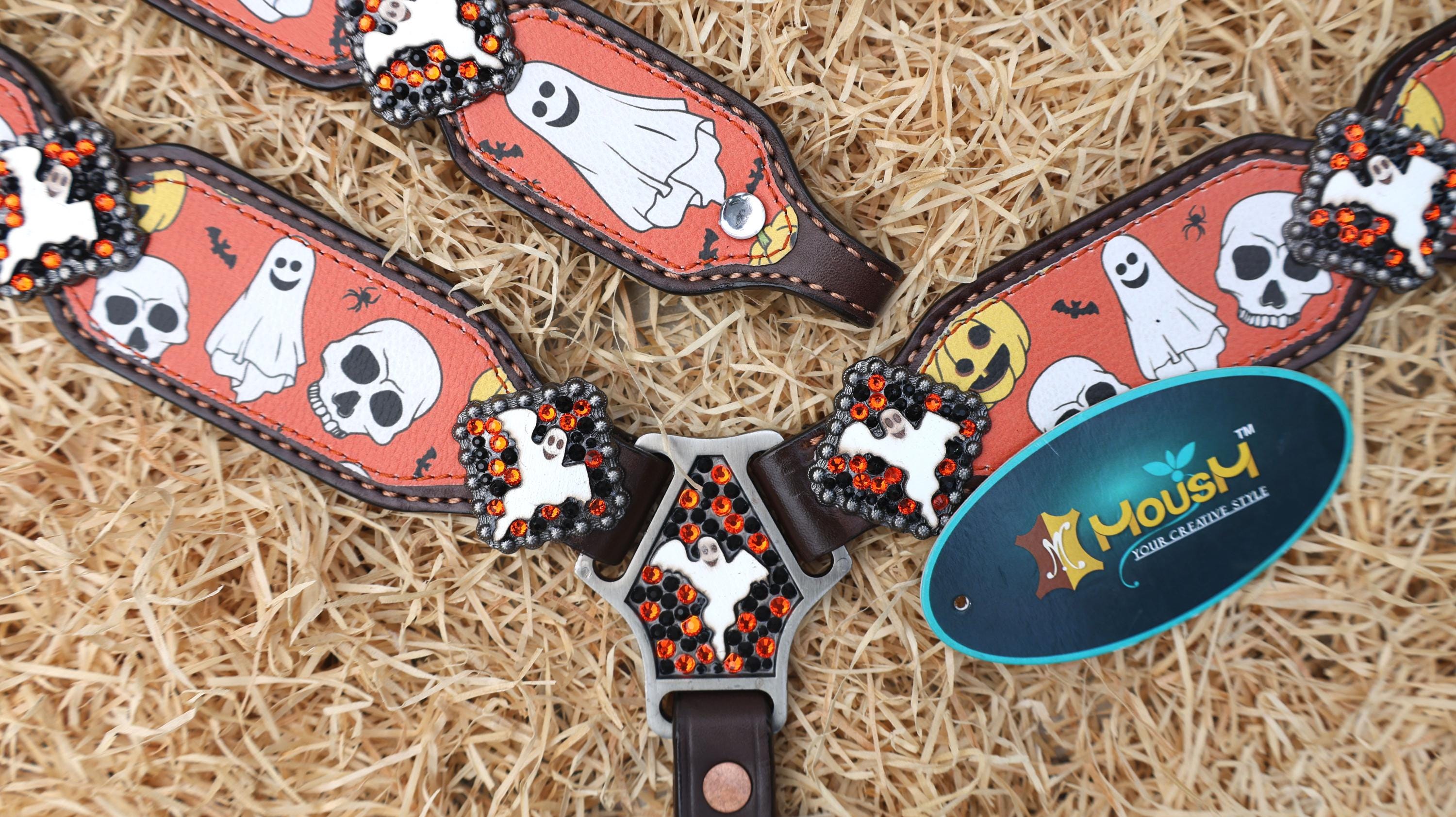 MOUSM Spooky Halloween Western Headstall & Breast Collar Set – Made from Argentina Cow Leather with Ghost & Skull Print, Decorated with Dazzling Rhinestone Conchos
