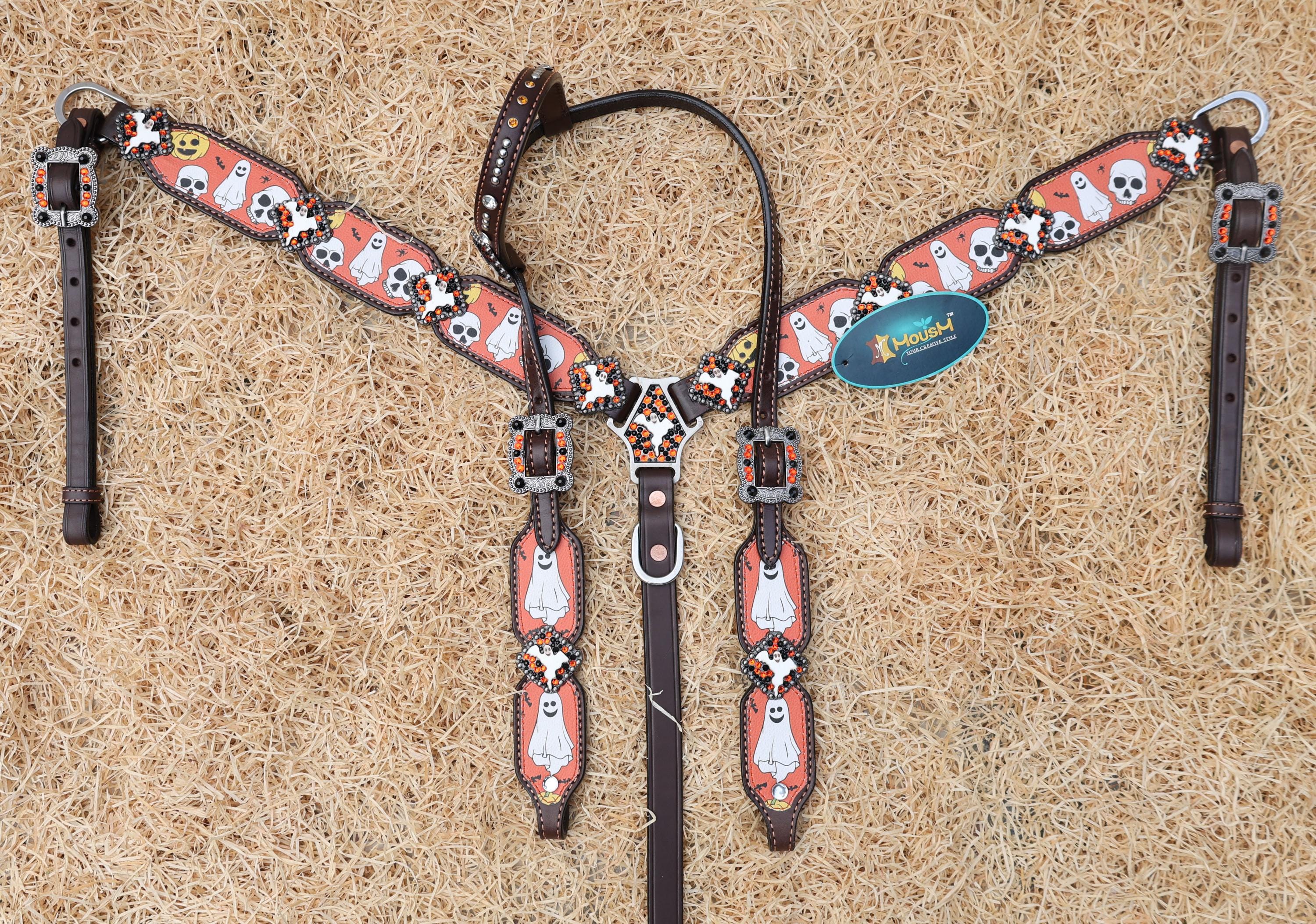 MOUSM Spooky Halloween Western Headstall & Breast Collar Set – Made from Argentina Cow Leather with Ghost & Skull Print, Decorated with Dazzling Rhinestone Conchos