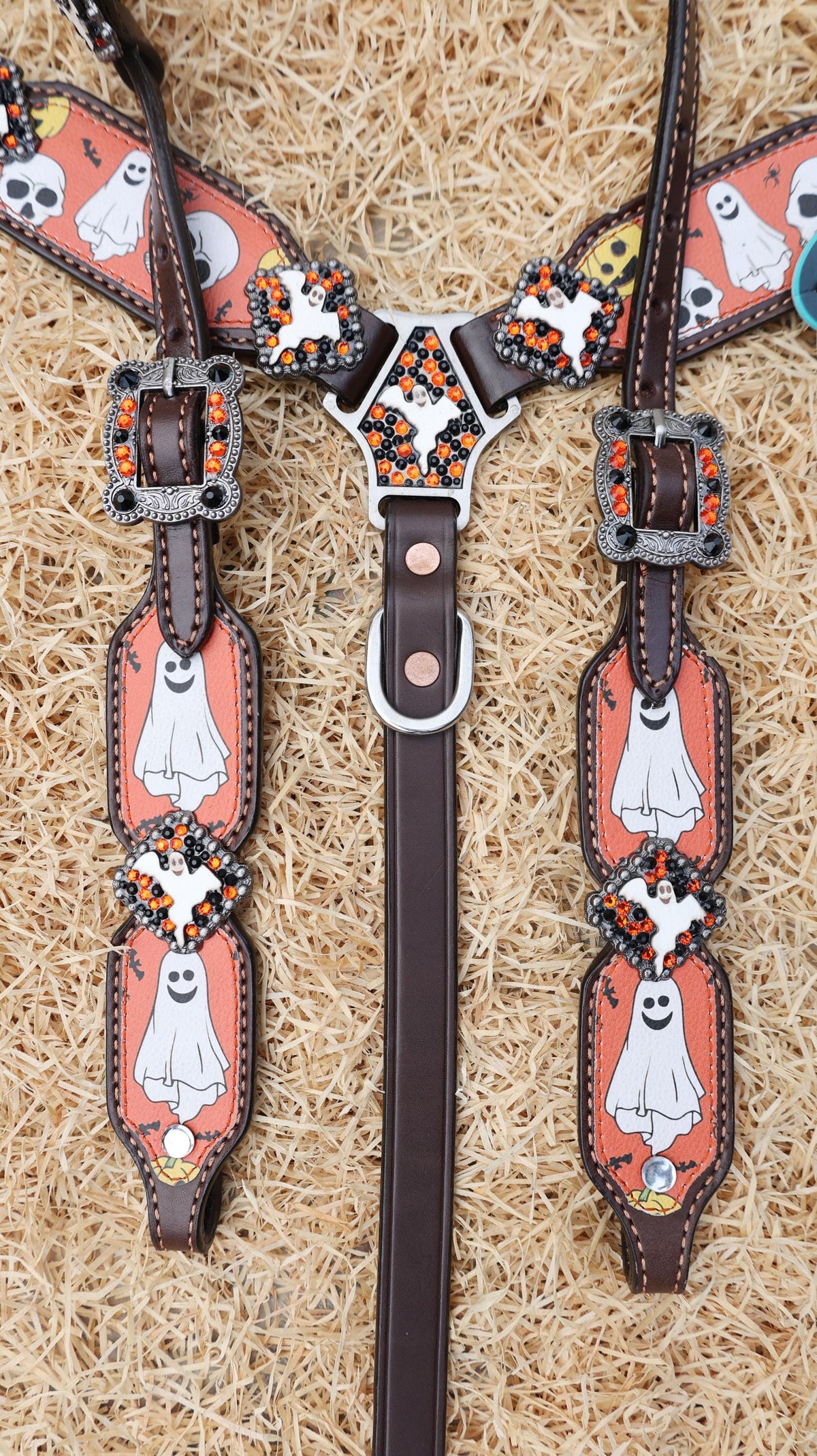 Argentina Cow Leather with Ghost & Skull Print Headstall Tack Set