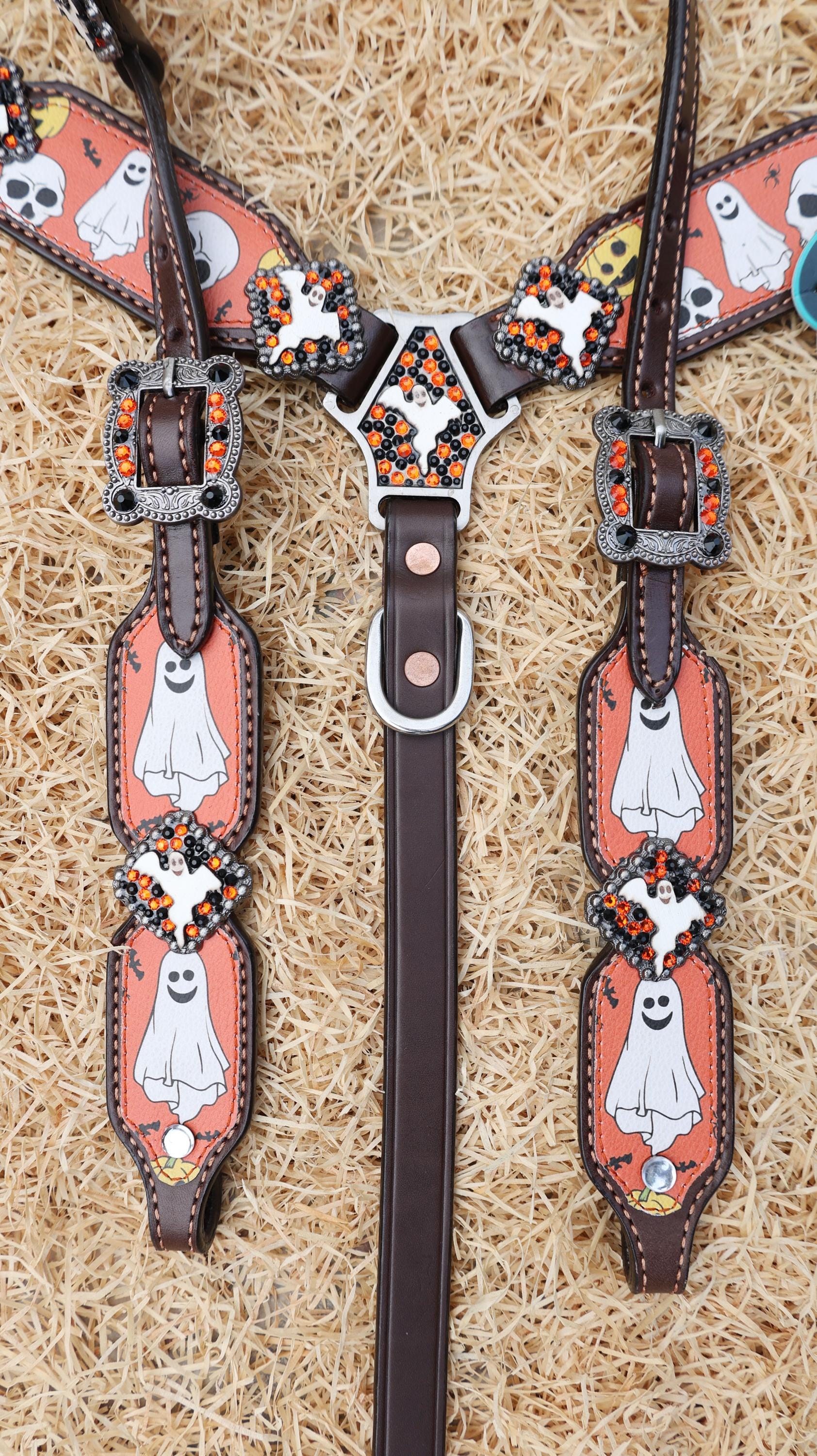MOUSM Spooky Halloween Western Headstall & Breast Collar Set – Made from Argentina Cow Leather with Ghost & Skull Print, Decorated with Dazzling Rhinestone Conchos