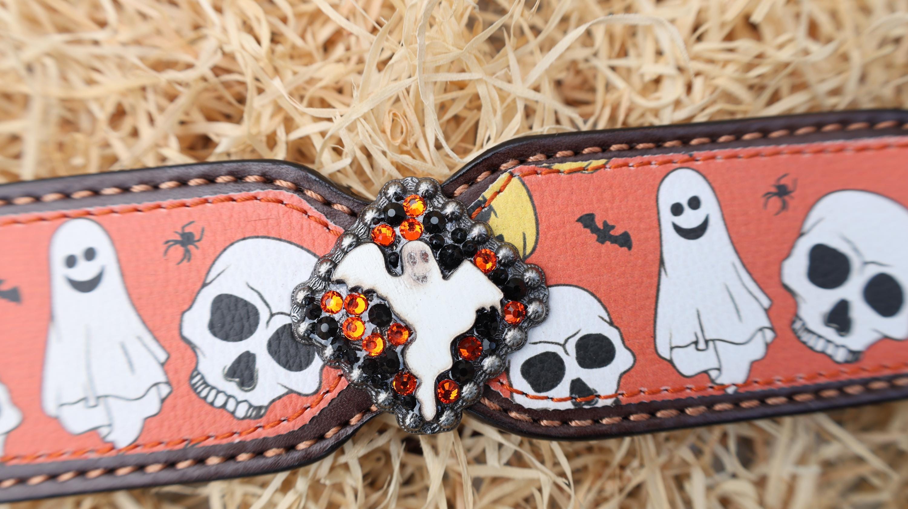MOUSM Spooky Halloween Western Headstall & Breast Collar Set – Made from Argentina Cow Leather with Ghost & Skull Print, Decorated with Dazzling Rhinestone Conchos