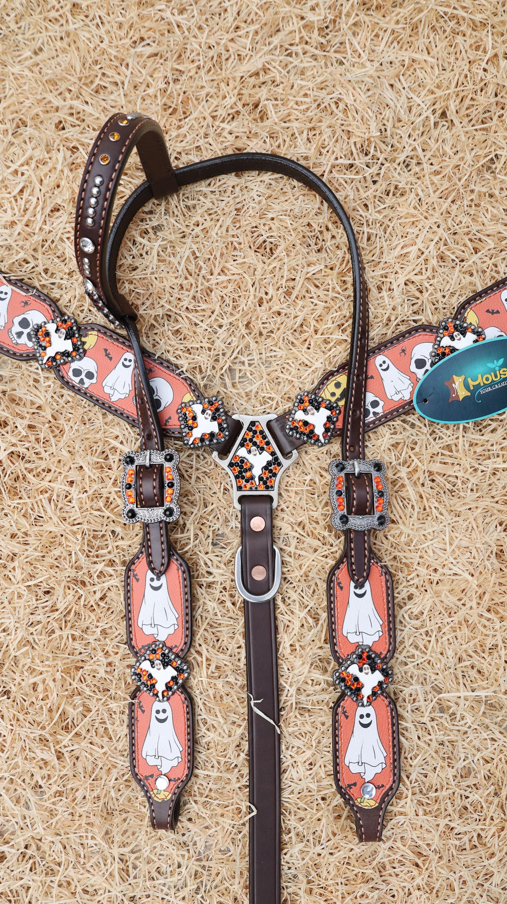 MOUSM Spooky Halloween Western Headstall & Breast Collar Set – Made from Argentina Cow Leather with Ghost & Skull Print, Decorated with Dazzling Rhinestone Conchos