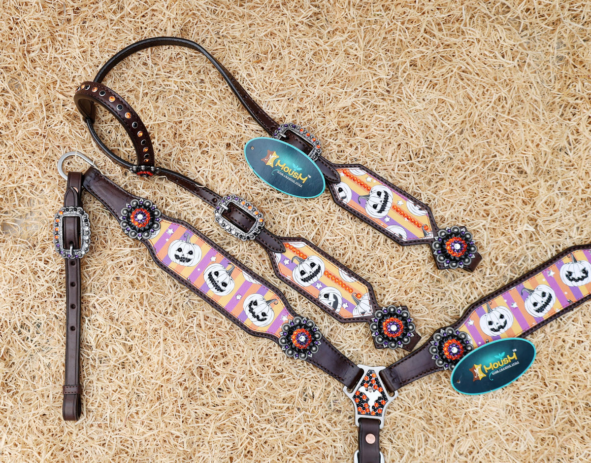 Laughing Pumpkin Print Spooky Halloween Western Headstall Set