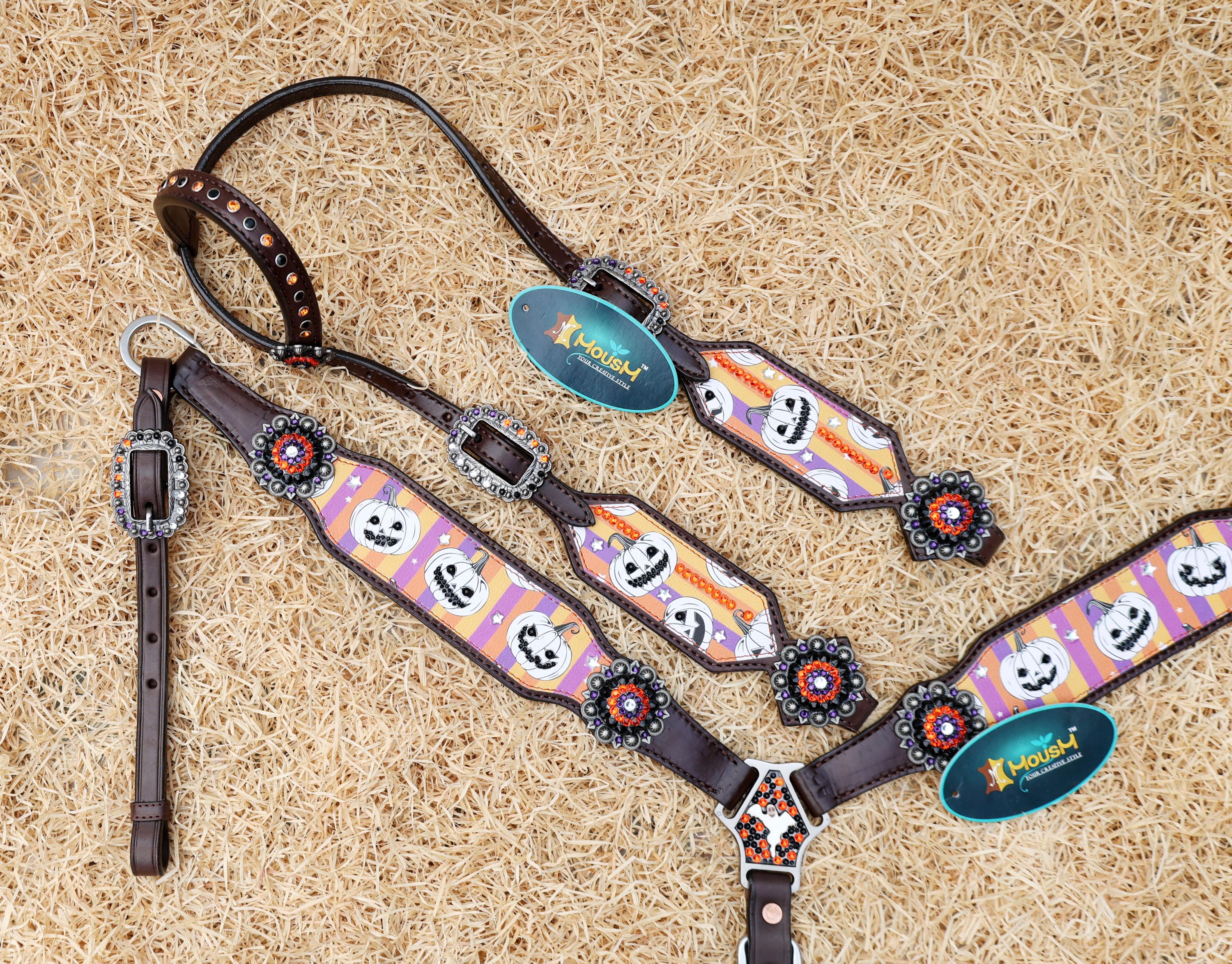 MOUSM Spooky Halloween Western Headstall Breast Collar Set – Made from Argentina Cow Leather with Laughing Pumpkin Print & Rhinestone Conchos on Vibrant Striped Background