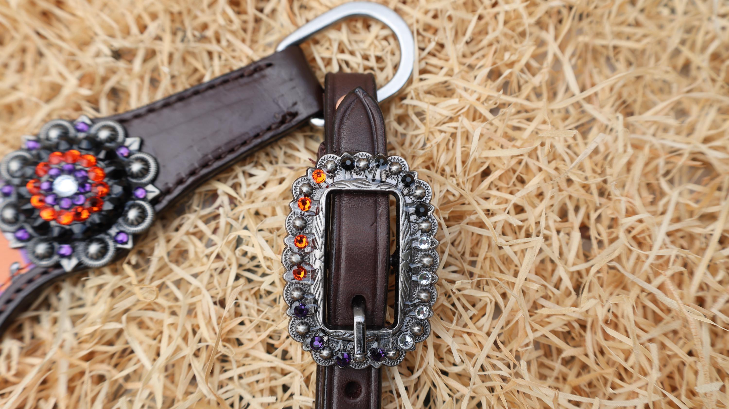 MOUSM Spooky Halloween Western Headstall Breast Collar Set – Made from Argentina Cow Leather with Laughing Pumpkin Print & Rhinestone Conchos on Vibrant Striped Background