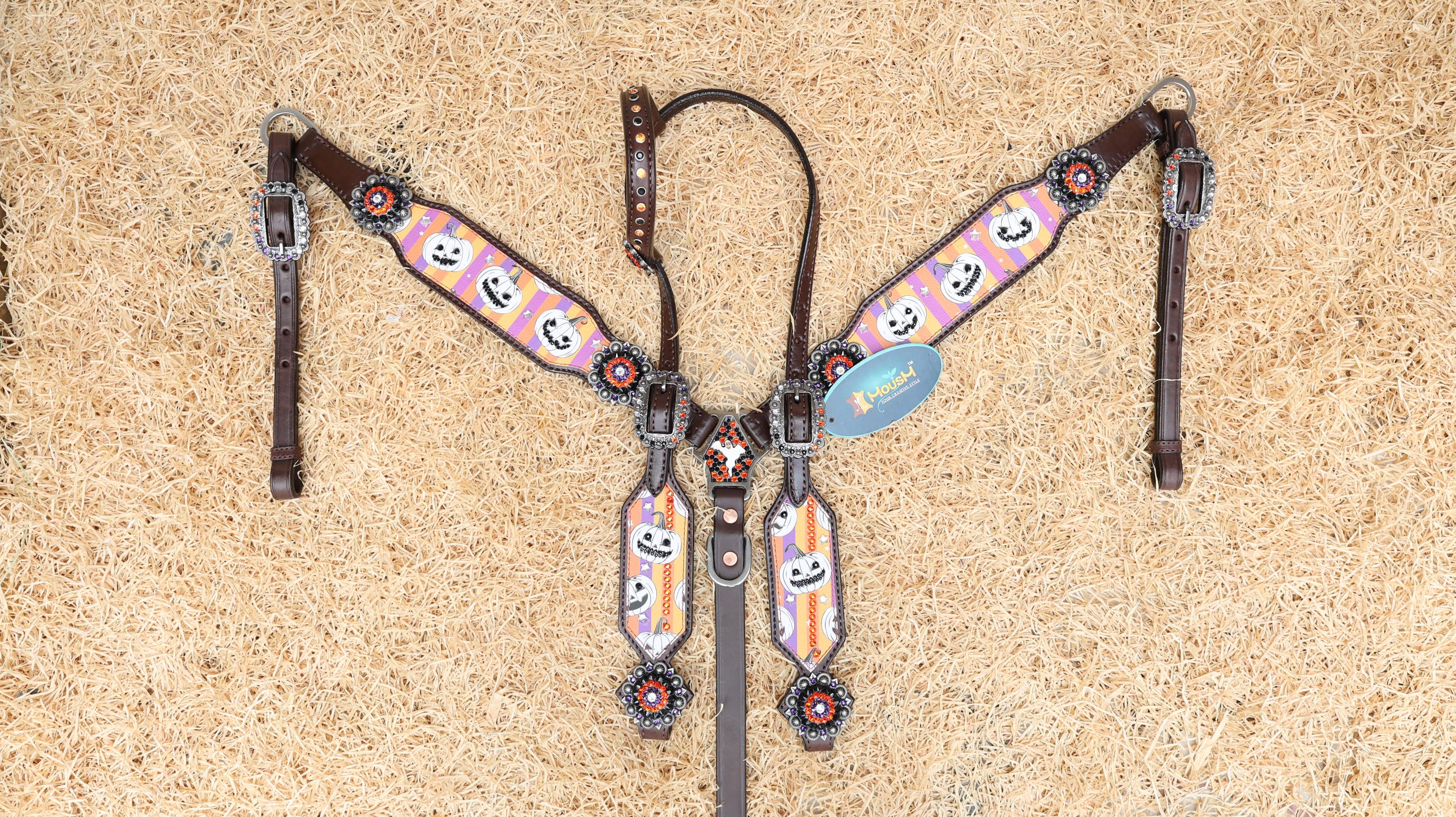 MOUSM Spooky Halloween Western Headstall Breast Collar Set – Made from Argentina Cow Leather with Laughing Pumpkin Print & Rhinestone Conchos on Vibrant Striped Background