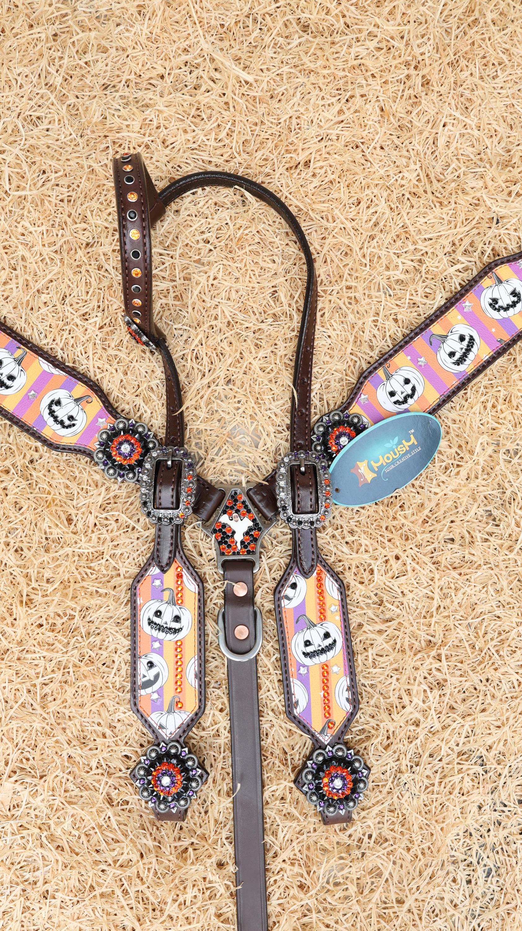 MOUSM Spooky Halloween Western Headstall Breast Collar Set – Made from Argentina Cow Leather with Laughing Pumpkin Print & Rhinestone Conchos on Vibrant Striped Background
