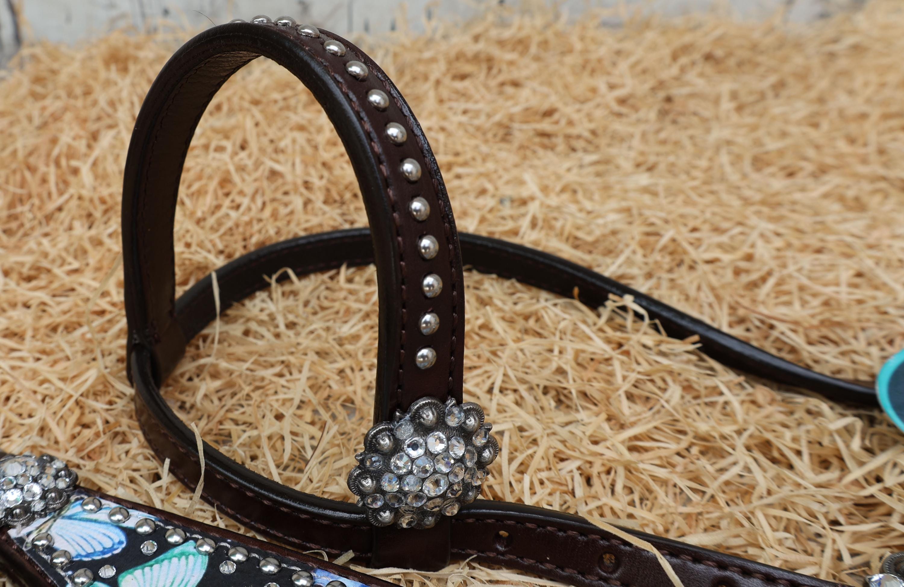 Western Leather Horse Tack Set – Headstall & Breast Collar Decorated with Blue & Turquoise Butterflies with Silver Rhinestone Conchos