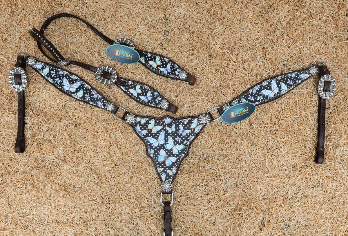 Blue and Turquoise Butterflies Print Western Horse Tack Set
