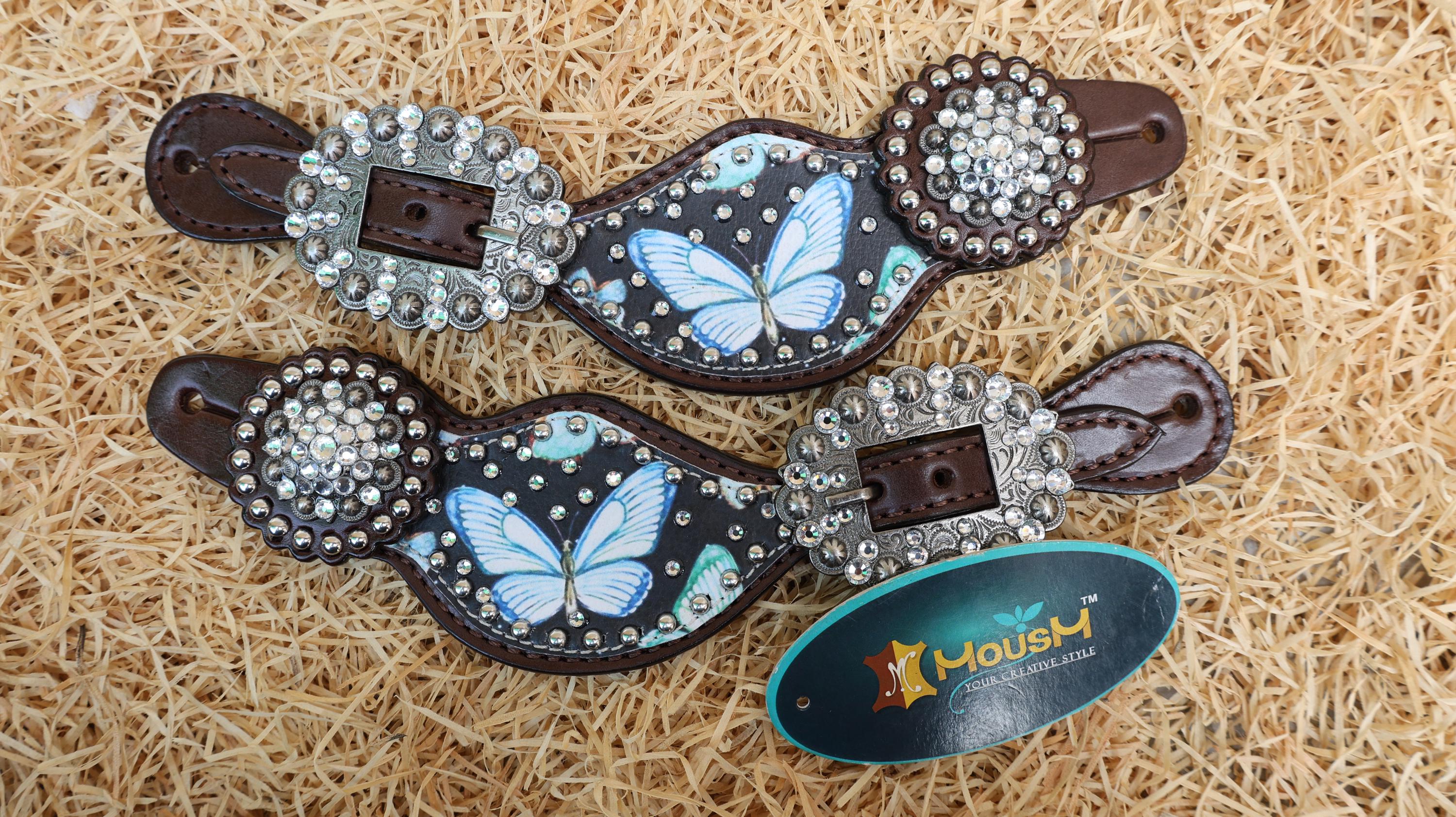 Western Leather Horse Tack Set – Headstall & Breast Collar Decorated with Blue & Turquoise Butterflies with Silver Rhinestone Conchos