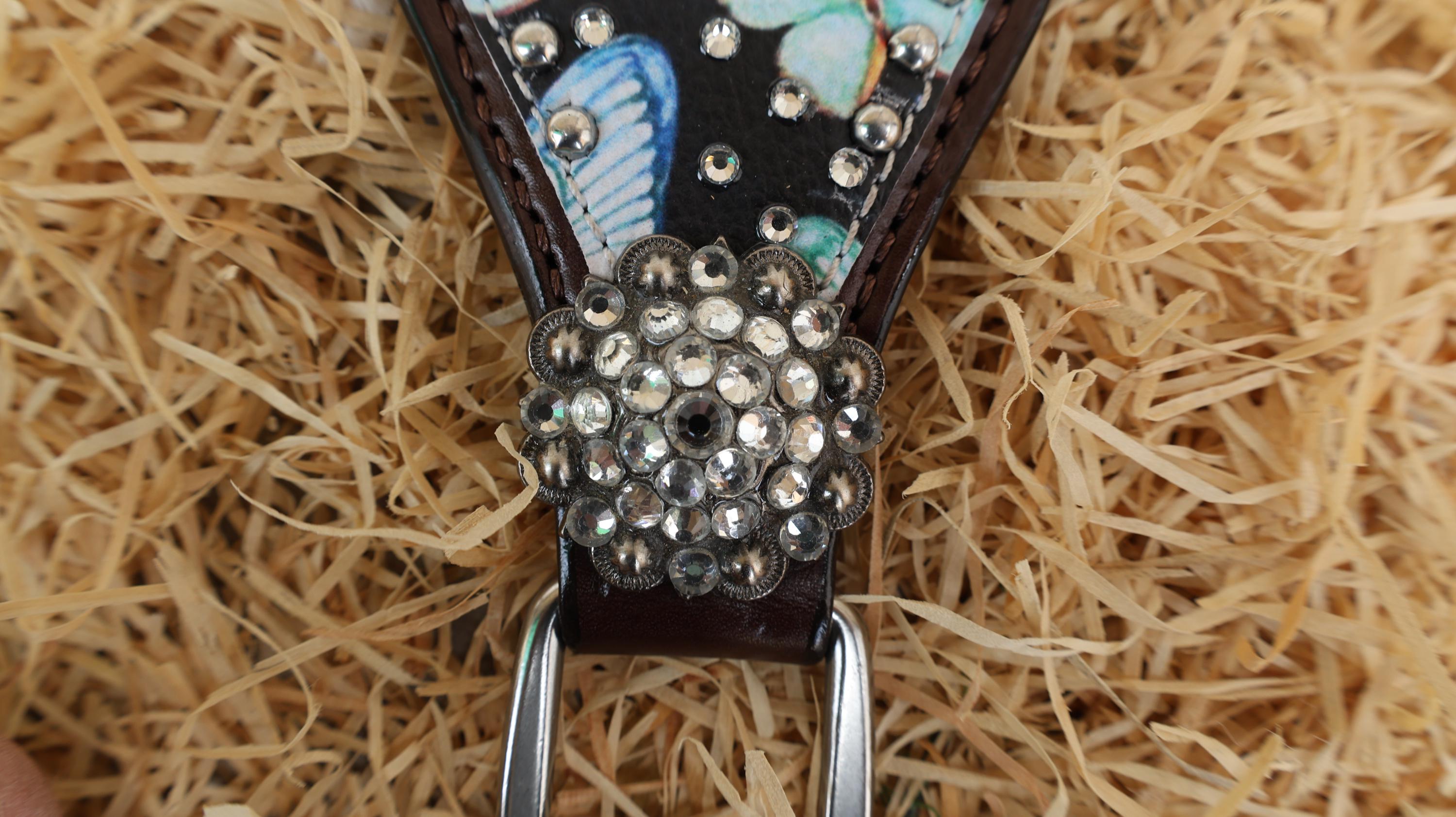 Western Leather Horse Tack Set – Headstall & Breast Collar Decorated with Blue & Turquoise Butterflies with Silver Rhinestone Conchos