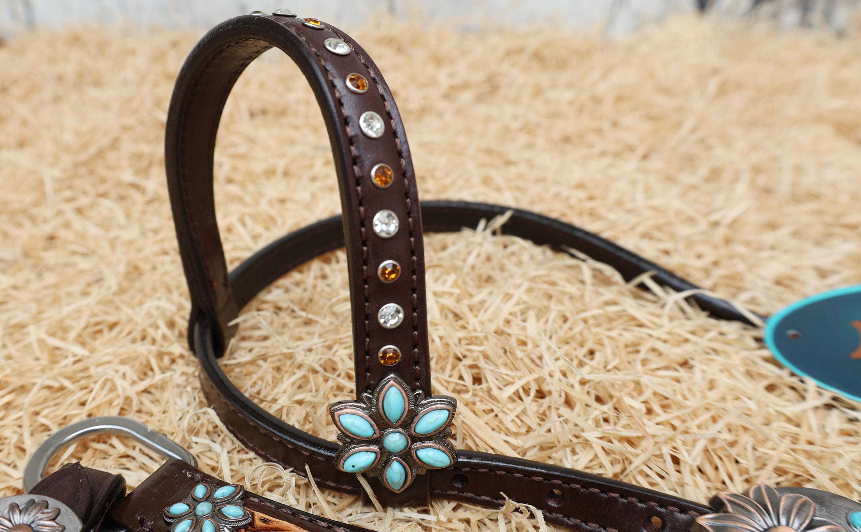MOUSM Western Leather Horse Tack Set – Headstall & Breast Collar Decorated with Hand-Painted Butterfly Design with Carving, Antique Finish & Turquoise Flower Conchos