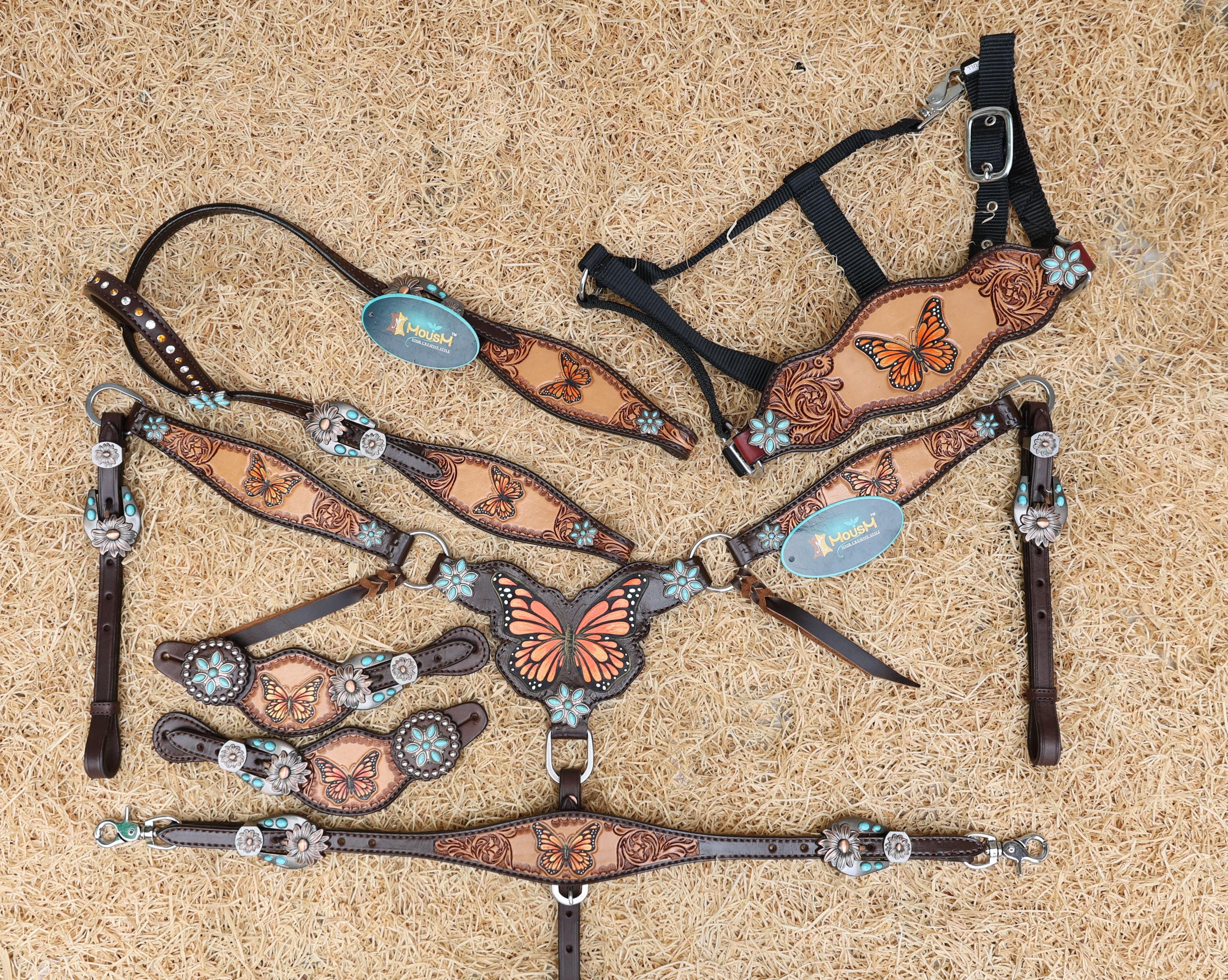 MOUSM Western Leather Horse Tack Set – Headstall & Breast Collar Decorated with Hand-Painted Butterfly Design with Carving, Antique Finish & Turquoise Flower Conchos