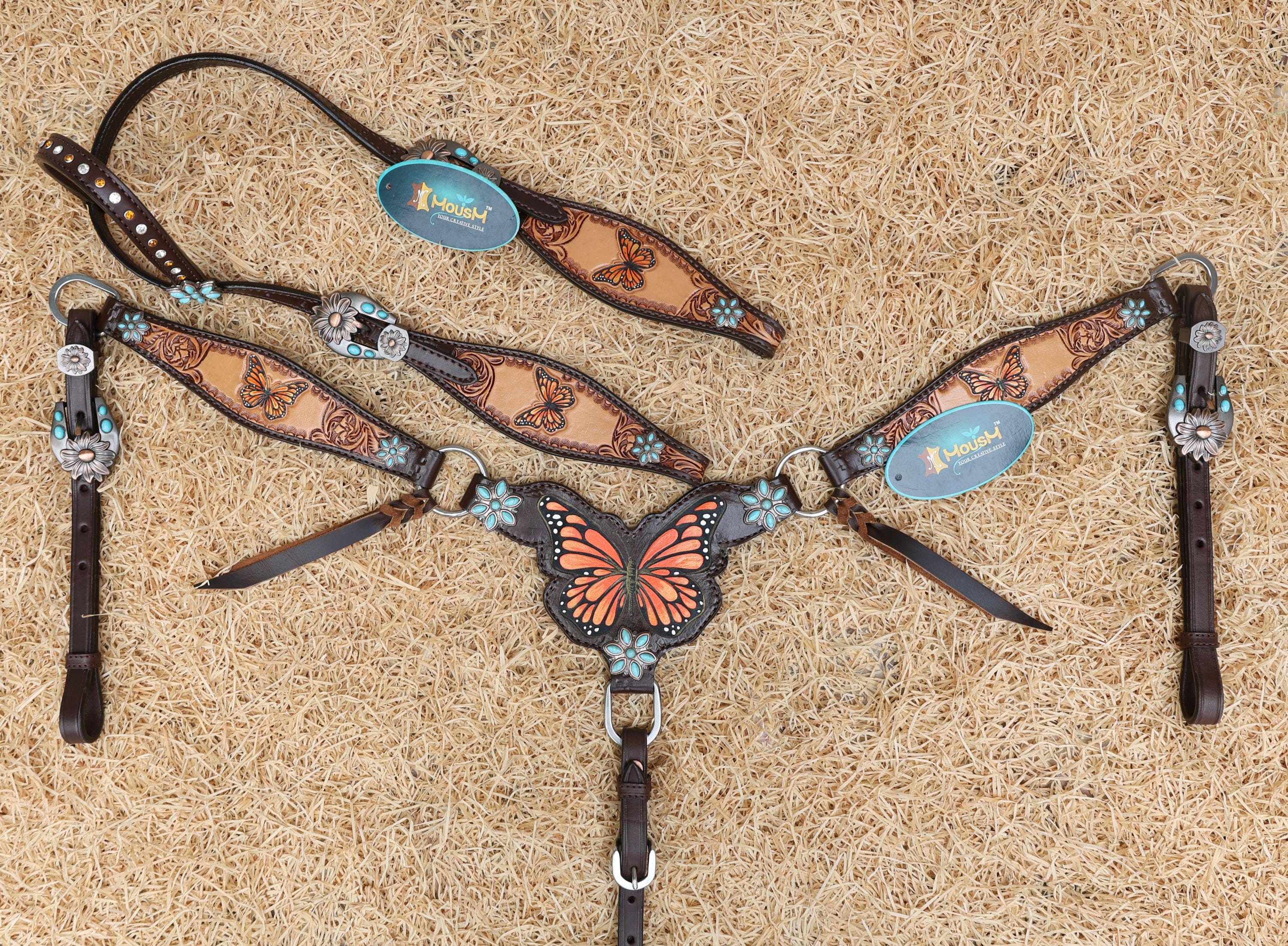 MOUSM Western Leather Horse Tack Set – Headstall & Breast Collar Decorated with Hand-Painted Butterfly Design with Carving, Antique Finish & Turquoise Flower Conchos