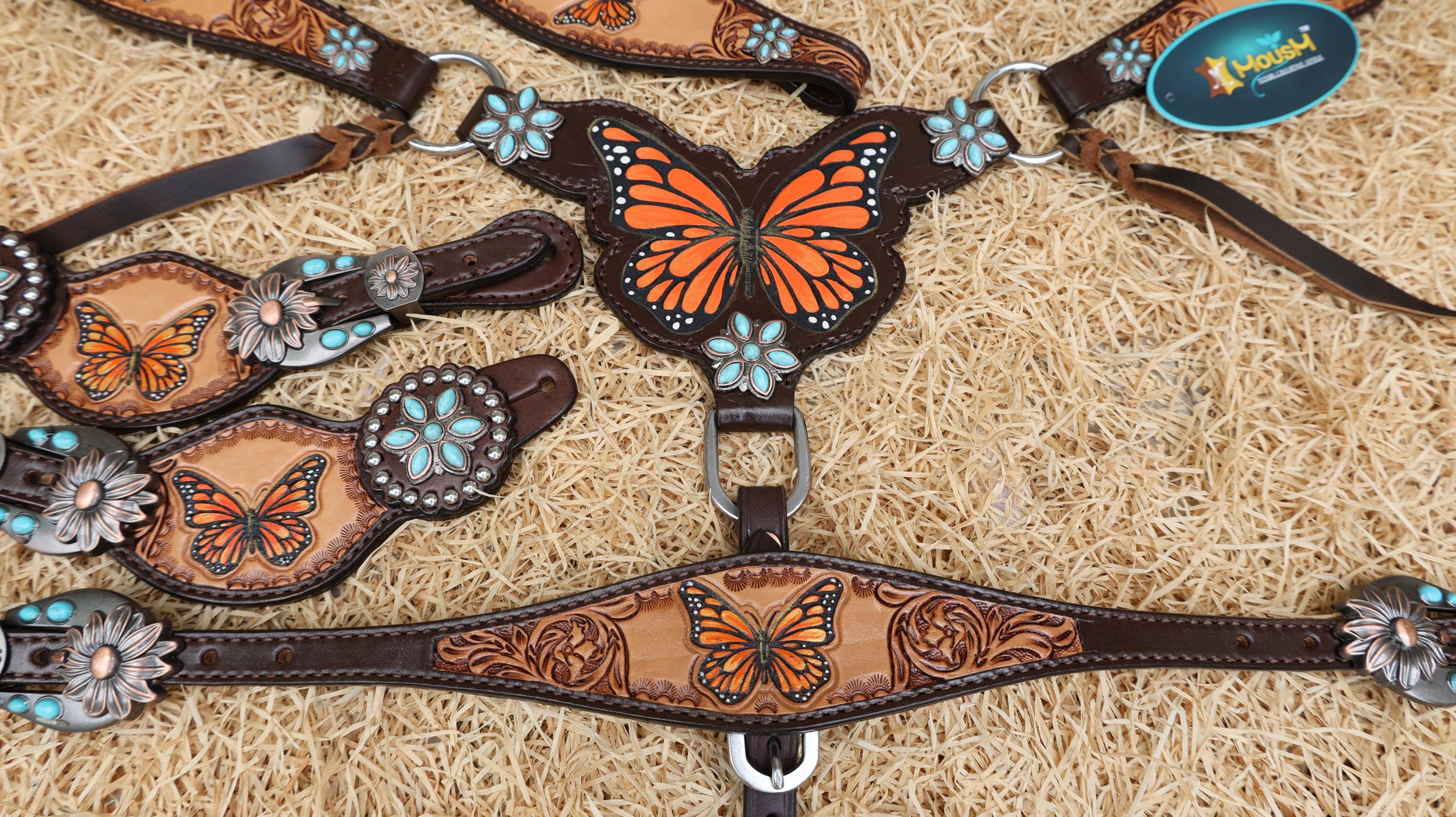 MOUSM Western Leather Horse Tack Set – Headstall & Breast Collar Decorated with Hand-Painted Butterfly Design with Carving, Antique Finish & Turquoise Flower Conchos