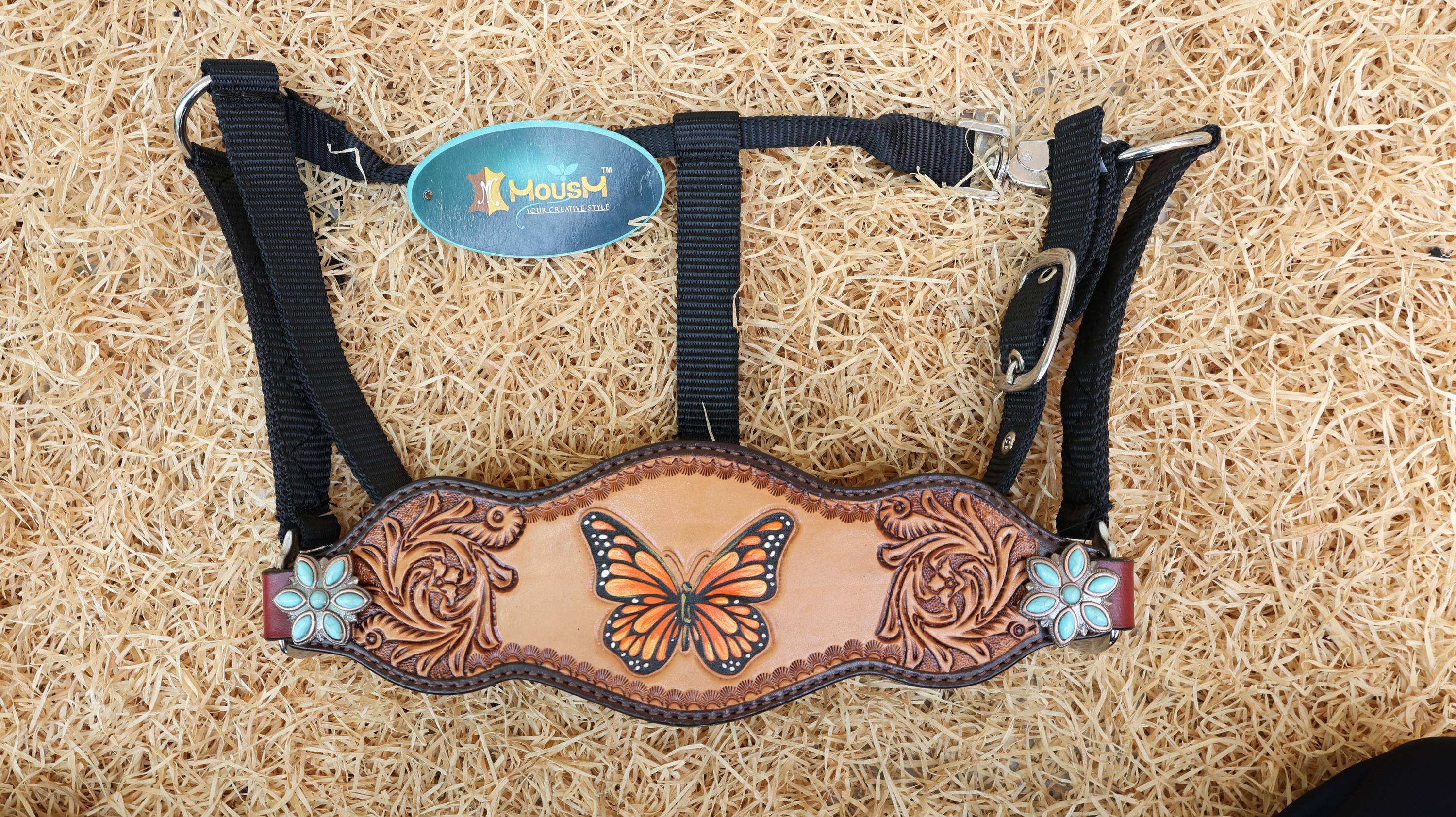 MOUSM Western Leather Horse Tack Set – Headstall & Breast Collar Decorated with Hand-Painted Butterfly Design with Carving, Antique Finish & Turquoise Flower Conchos