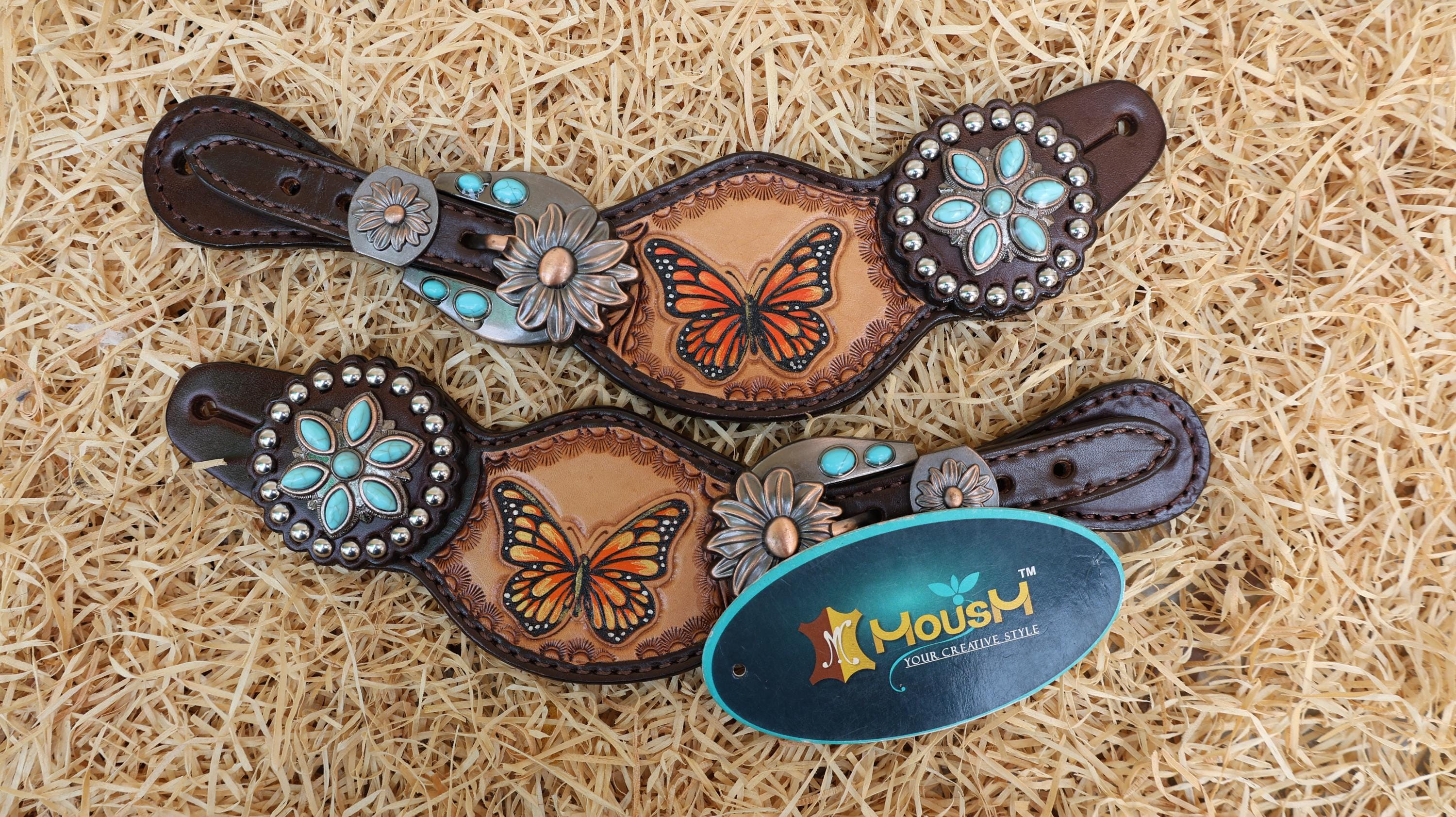 MOUSM Western Leather Horse Tack Set – Headstall & Breast Collar Decorated with Hand-Painted Butterfly Design with Carving, Antique Finish & Turquoise Flower Conchos