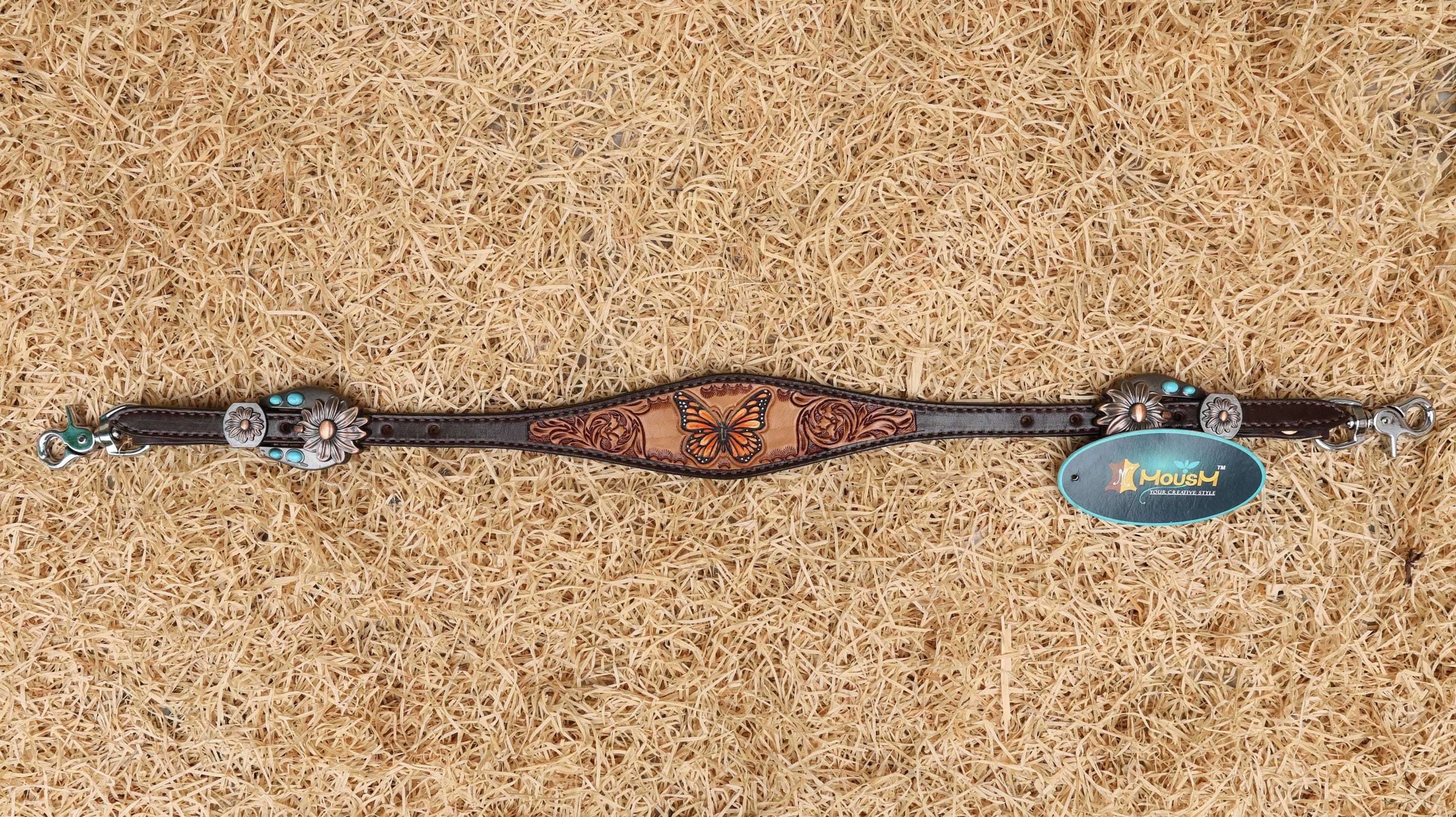 MOUSM Western Leather Horse Tack Set – Headstall & Breast Collar Decorated with Hand-Painted Butterfly Design with Carving, Antique Finish & Turquoise Flower Conchos